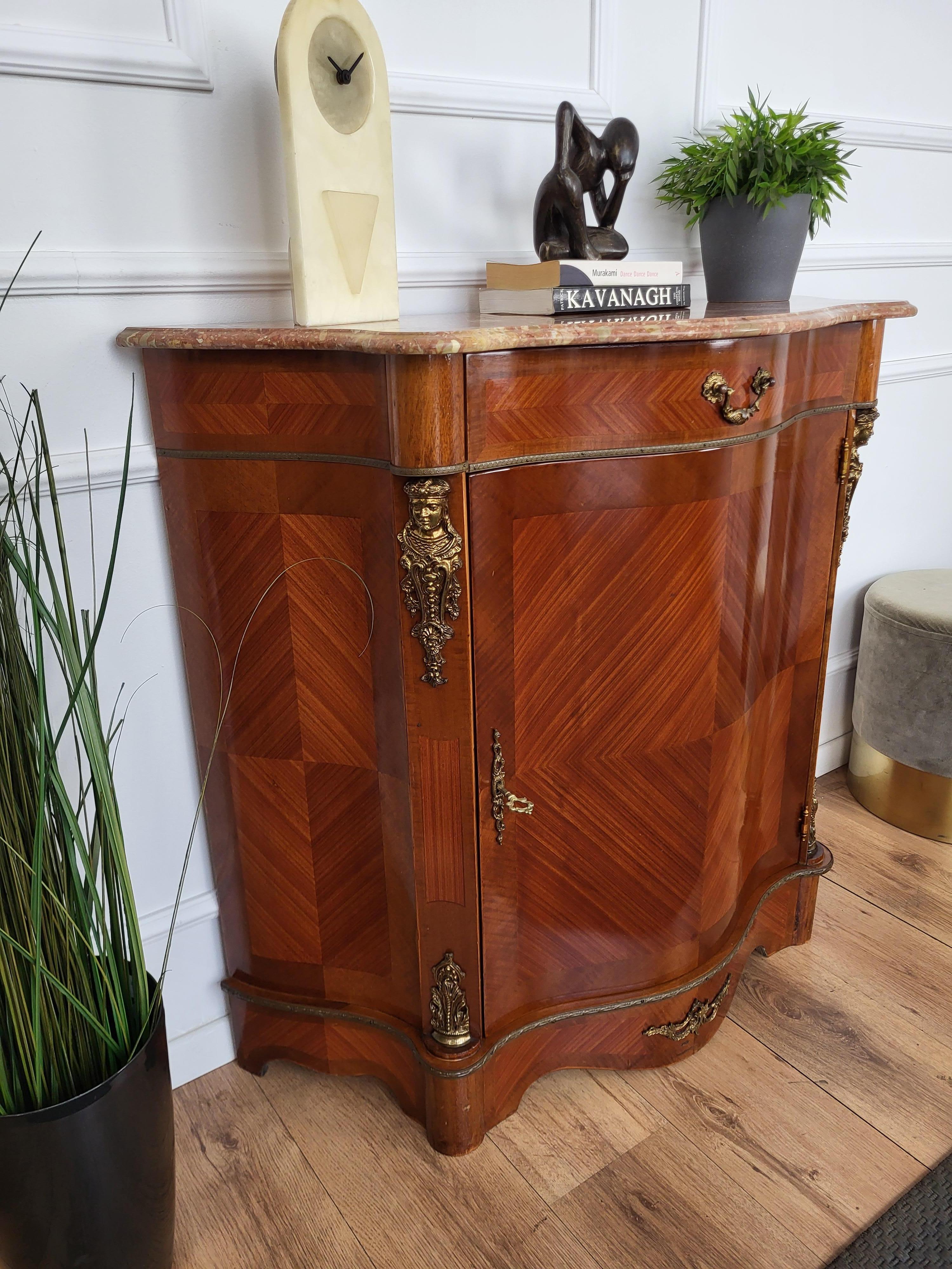 Wood Louis XVI French Style Walnut Vener Marquetry Marble Top Buffet Cabinet Credenza For Sale