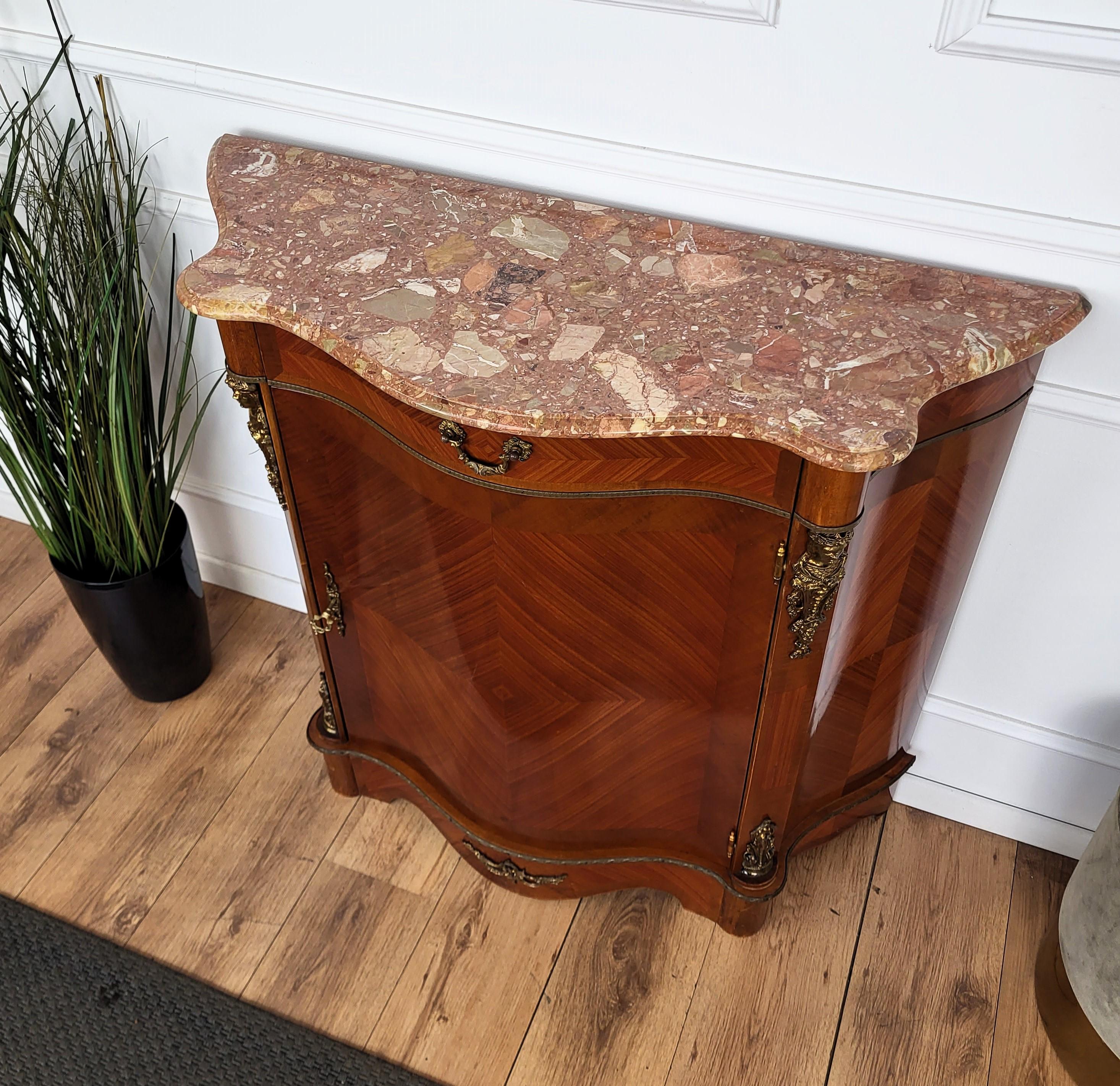 Louis XVI French Style Walnut Vener Marquetry Marble Top Buffet Cabinet Credenza For Sale 1