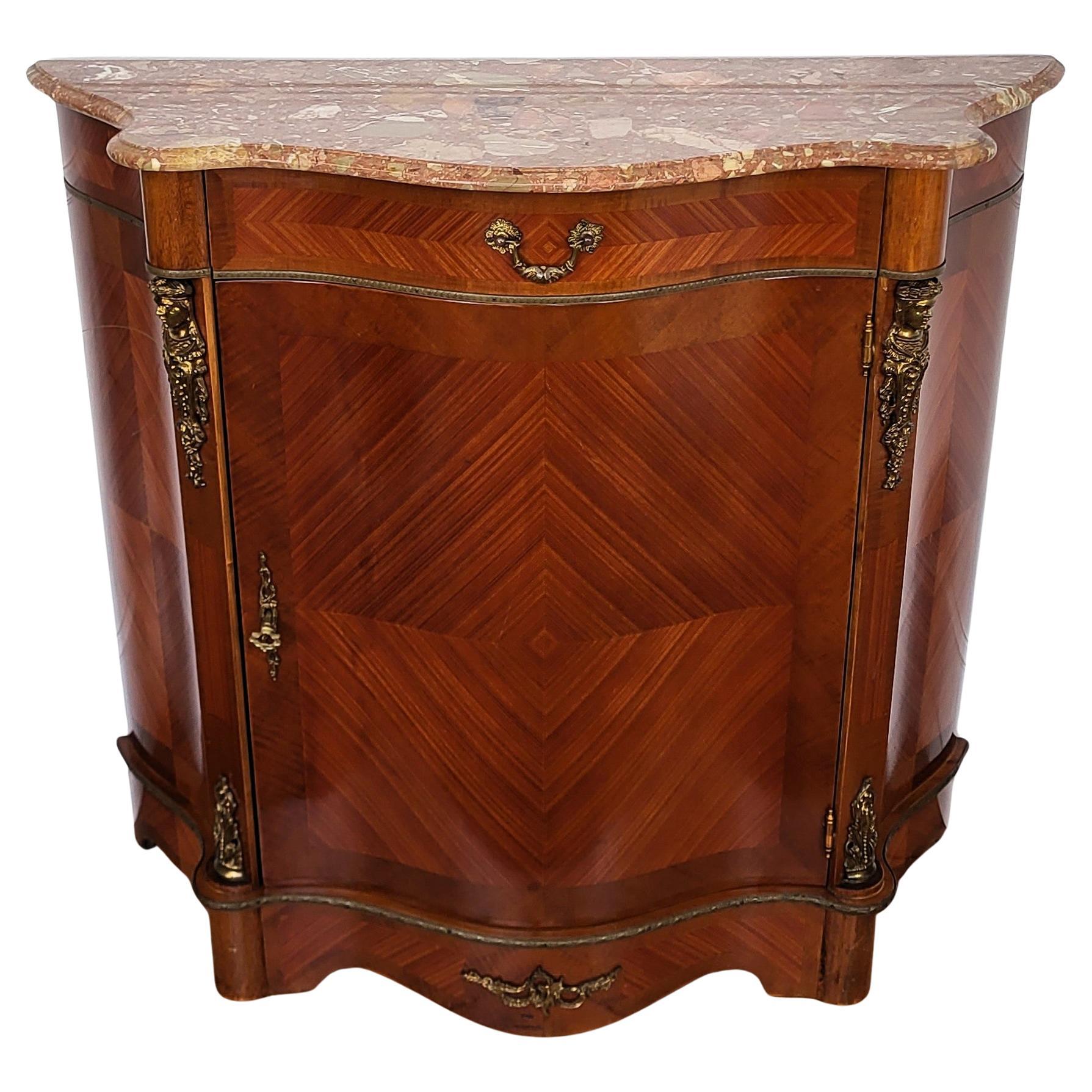 Louis XVI French Style Walnut Vener Marquetry Marble Top Buffet Cabinet Credenza For Sale