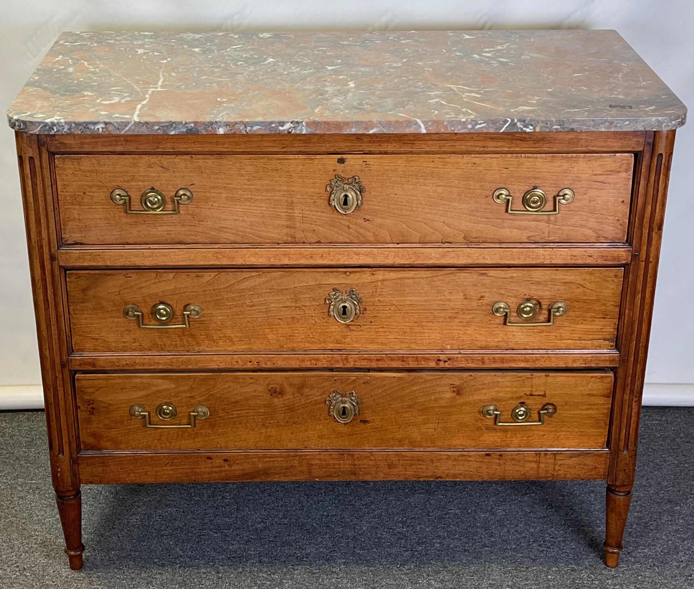 French Louis XVI Fruitwood and Marble Top Commode For Sale