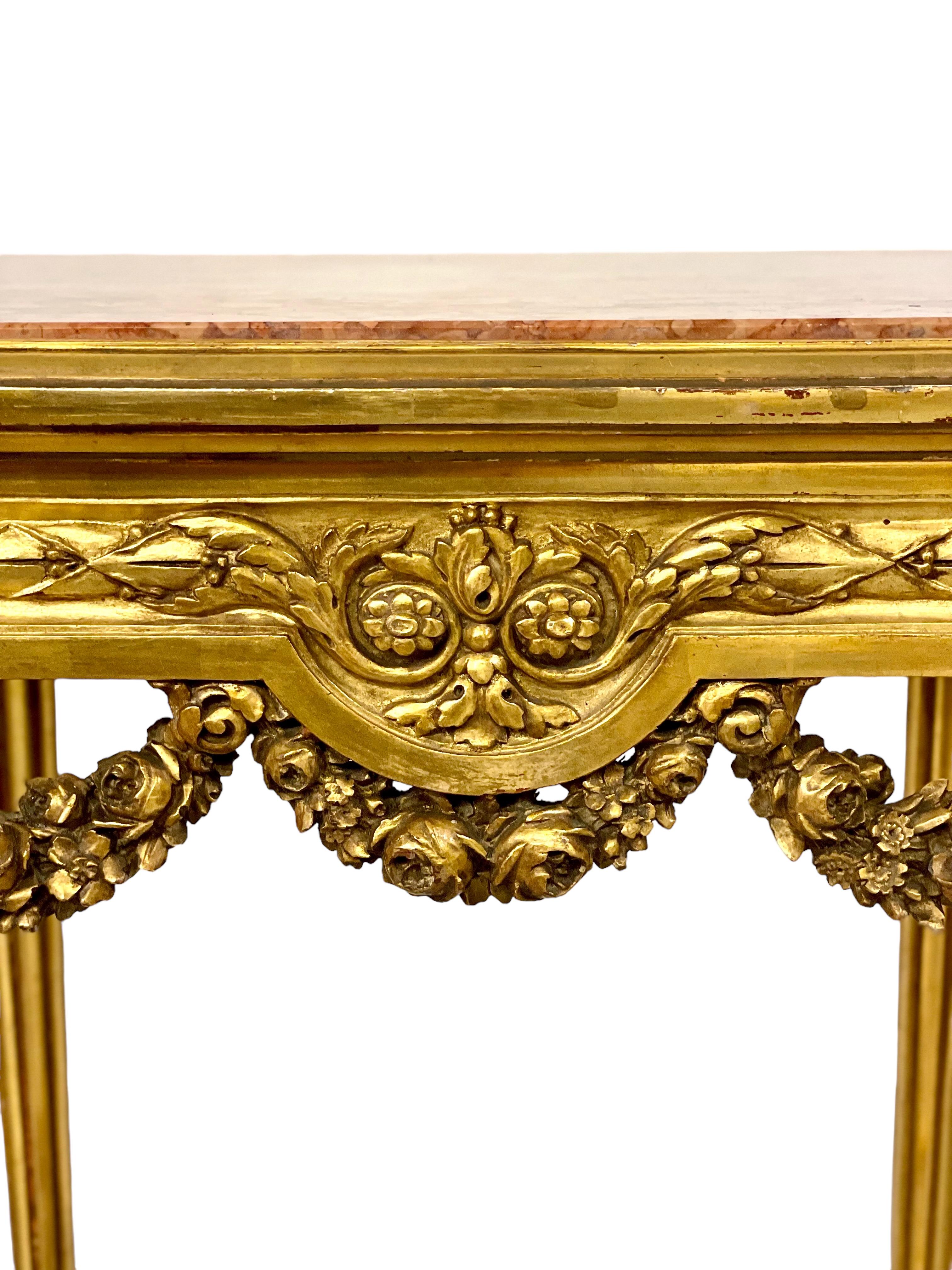 Louis XVI Gilded Center Table with Pink Veined Marble Top 4
