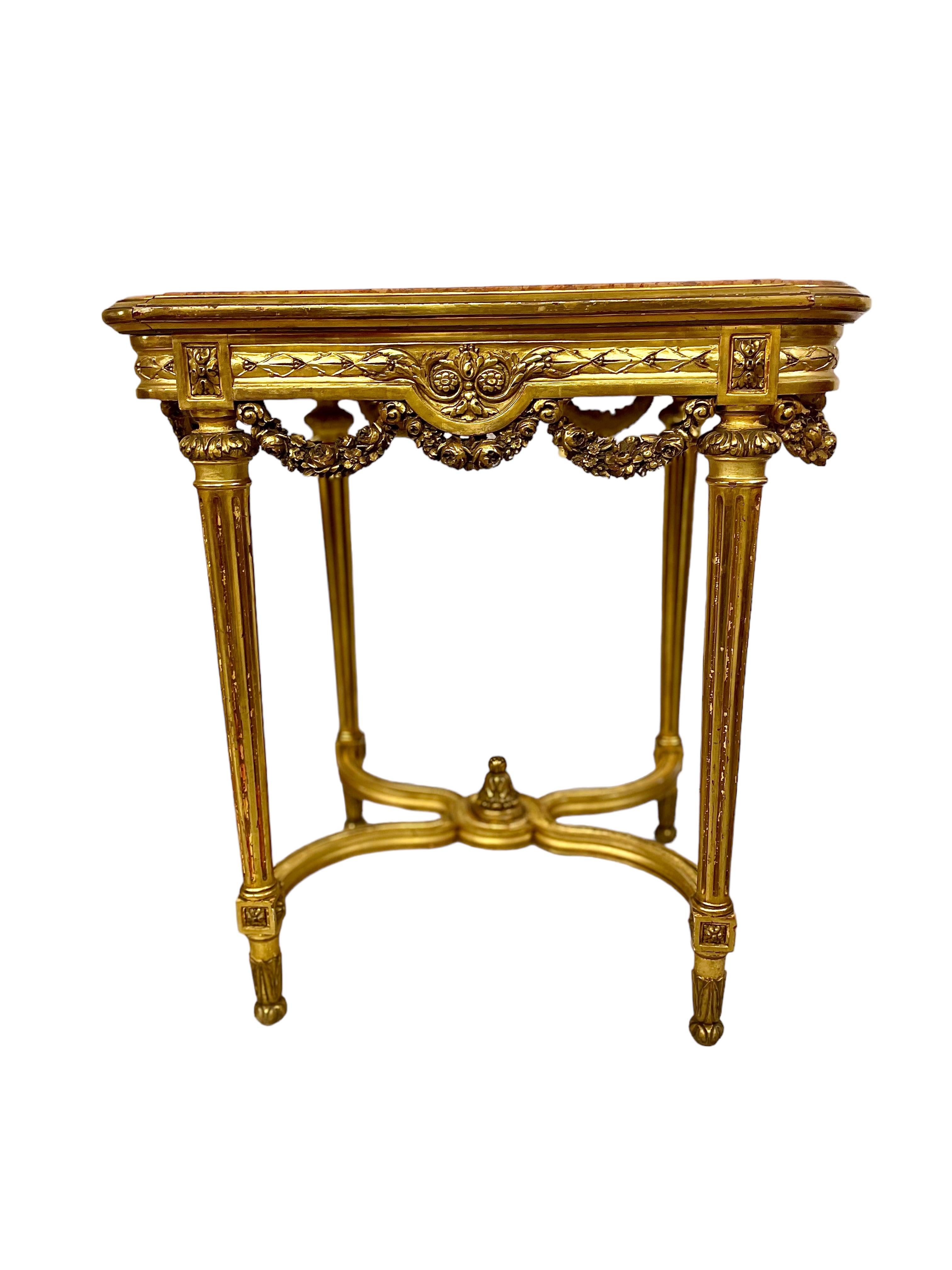Louis XVI Gilded Center Table with Pink Veined Marble Top 7