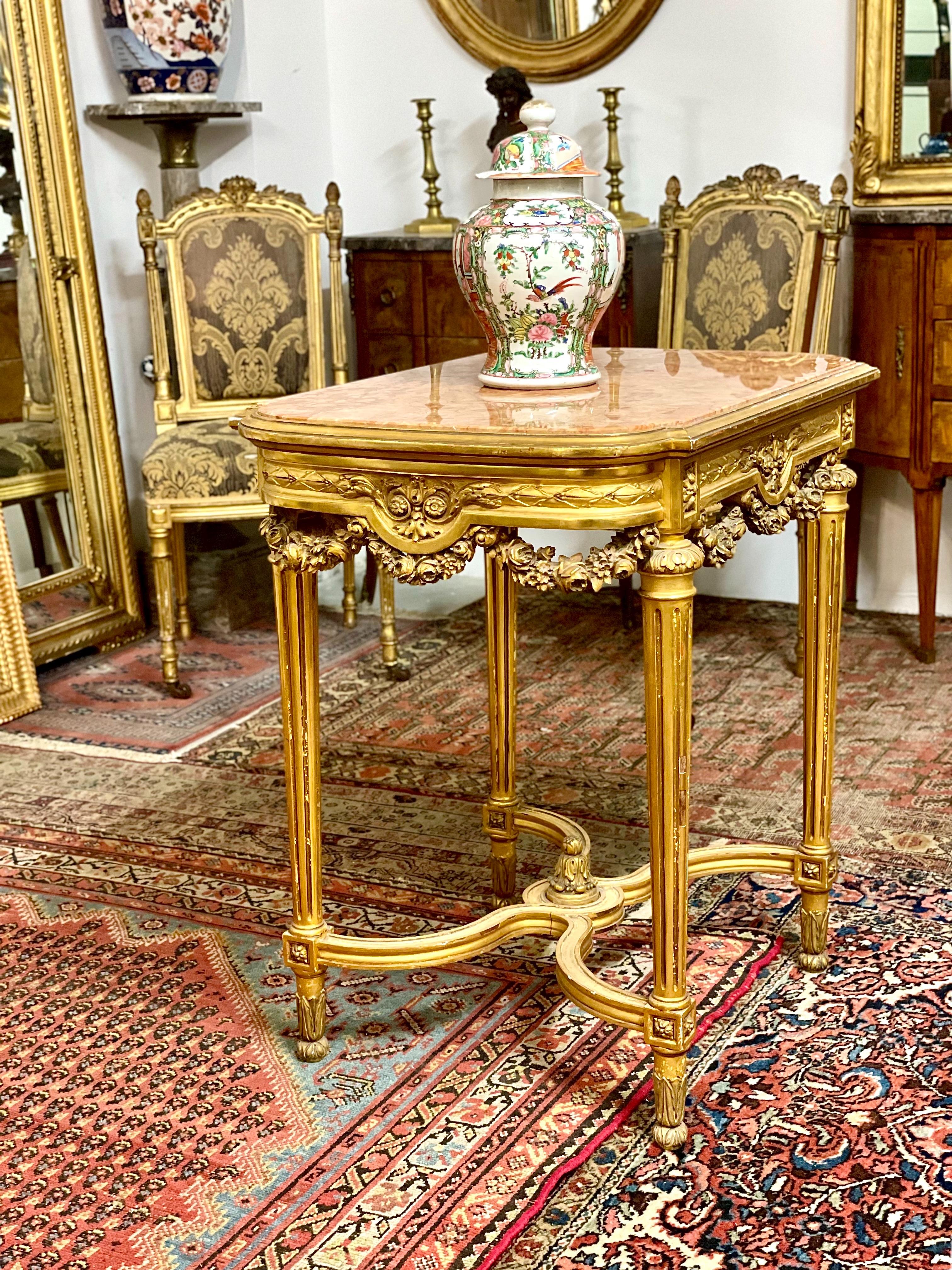 Louis XVI Gilded Center Table with Pink Veined Marble Top 8