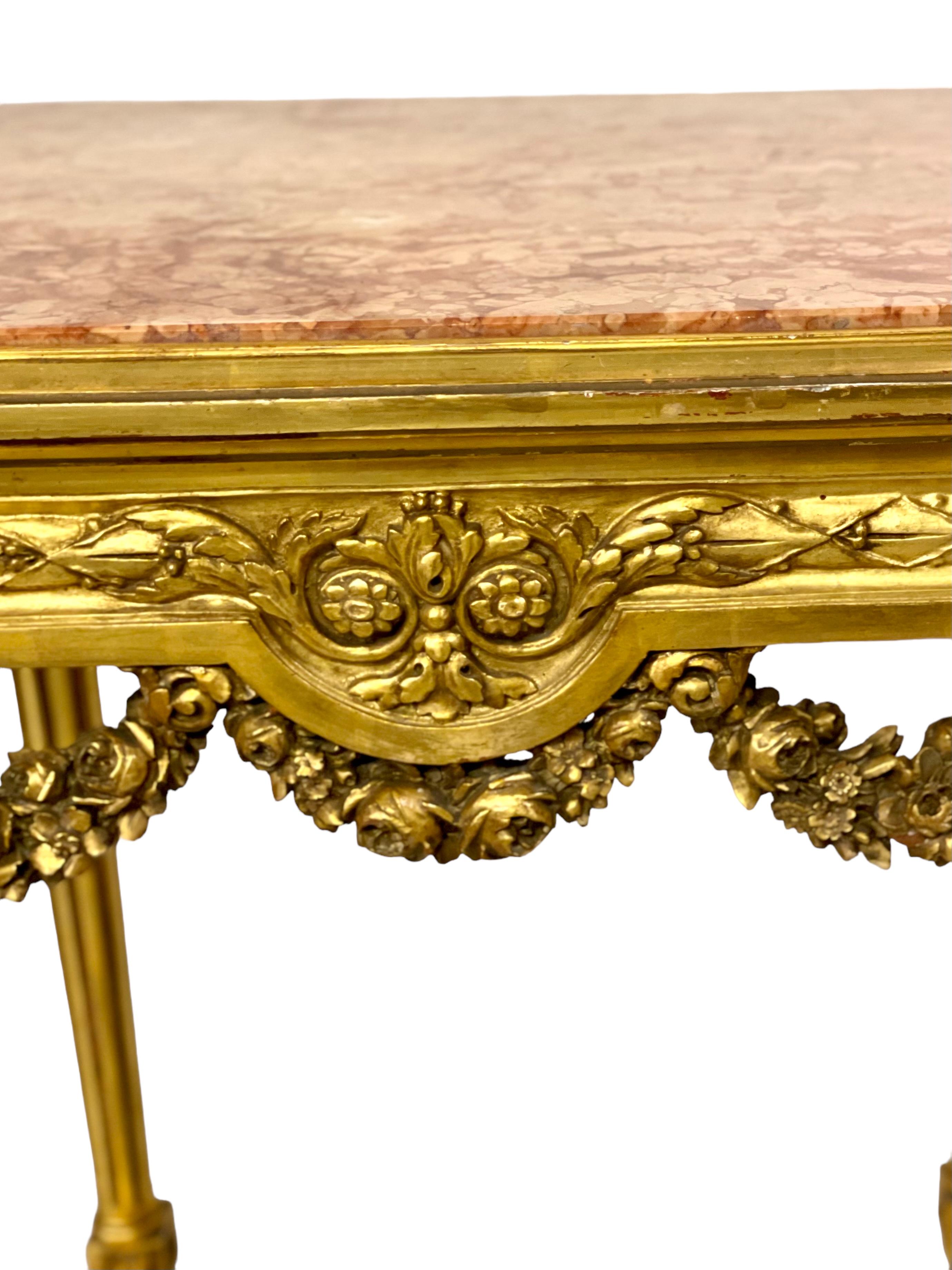 Neoclassical Louis XVI Gilded Center Table with Pink Veined Marble Top