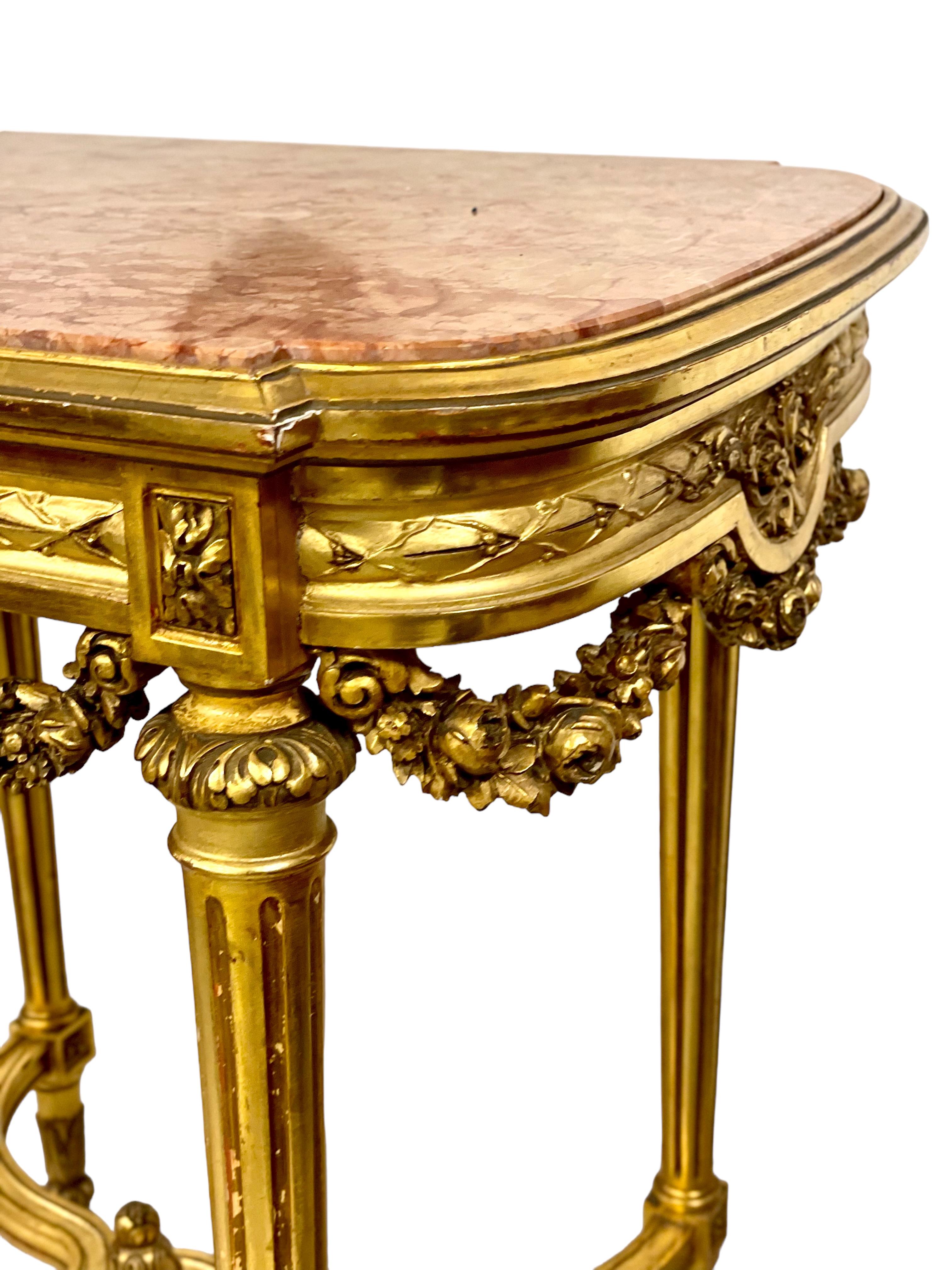 Spanish Louis XVI Gilded Center Table with Pink Veined Marble Top