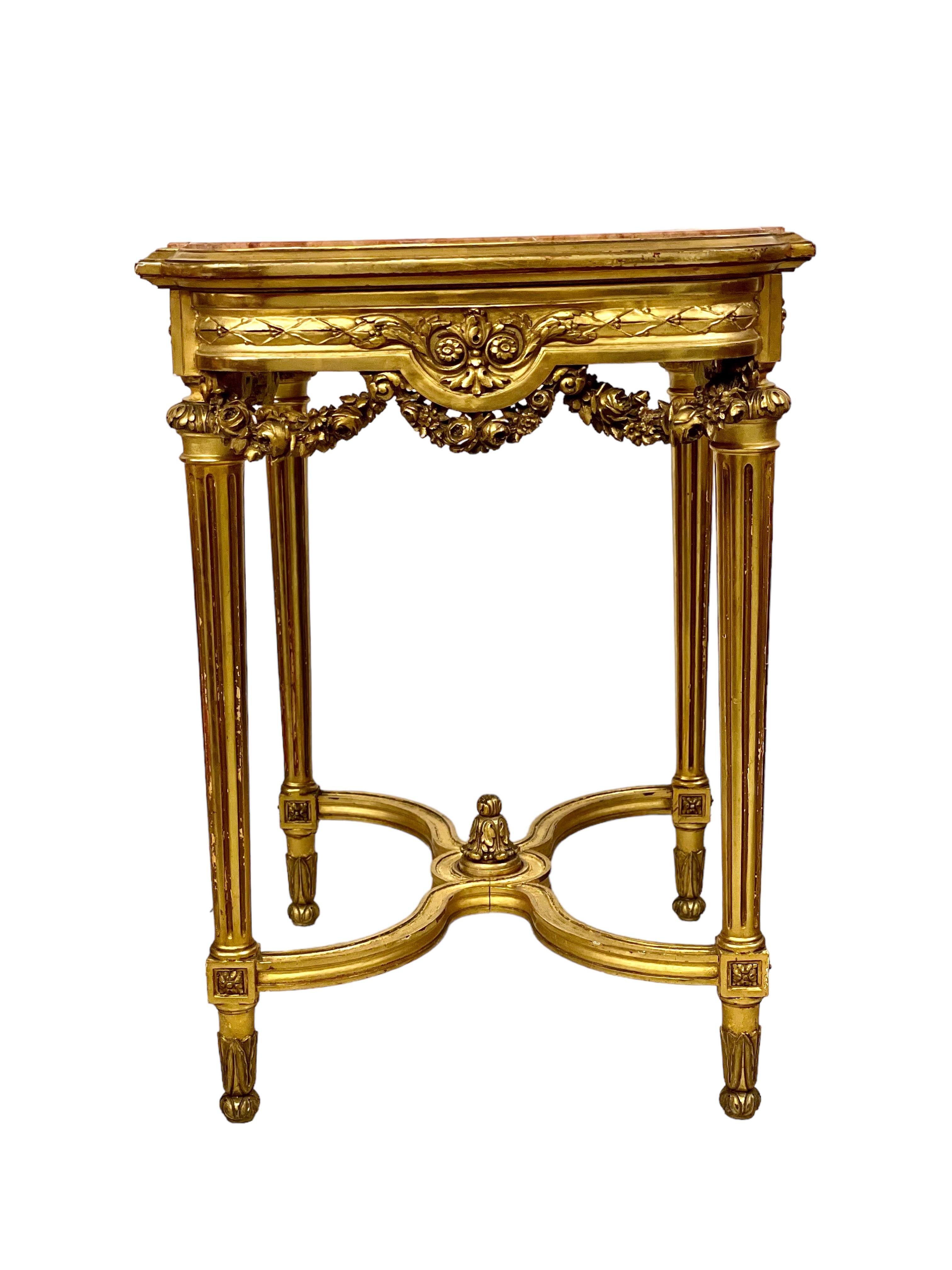 Gilt Louis XVI Gilded Center Table with Pink Veined Marble Top