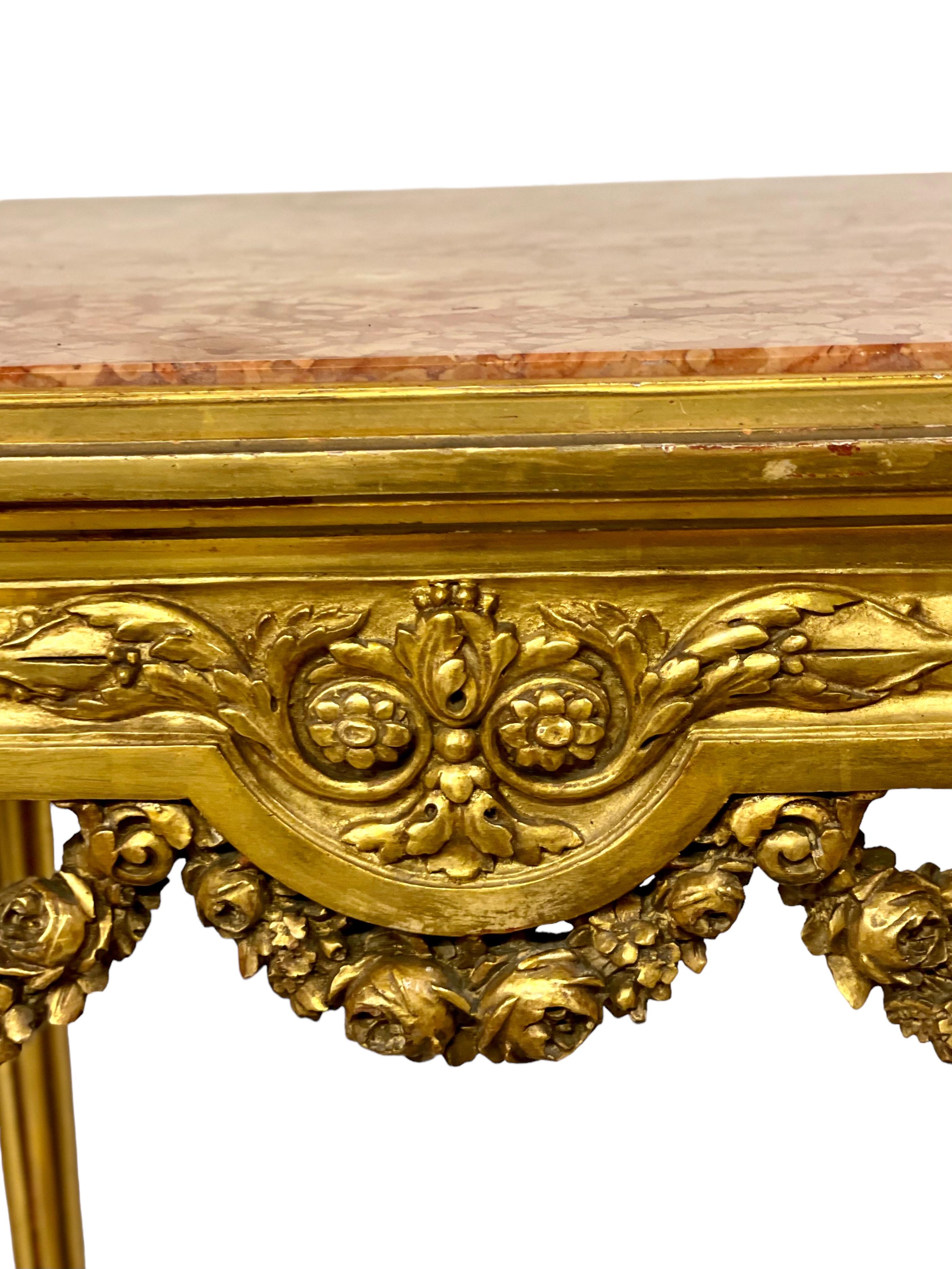 20th Century Louis XVI Gilded Center Table with Pink Veined Marble Top