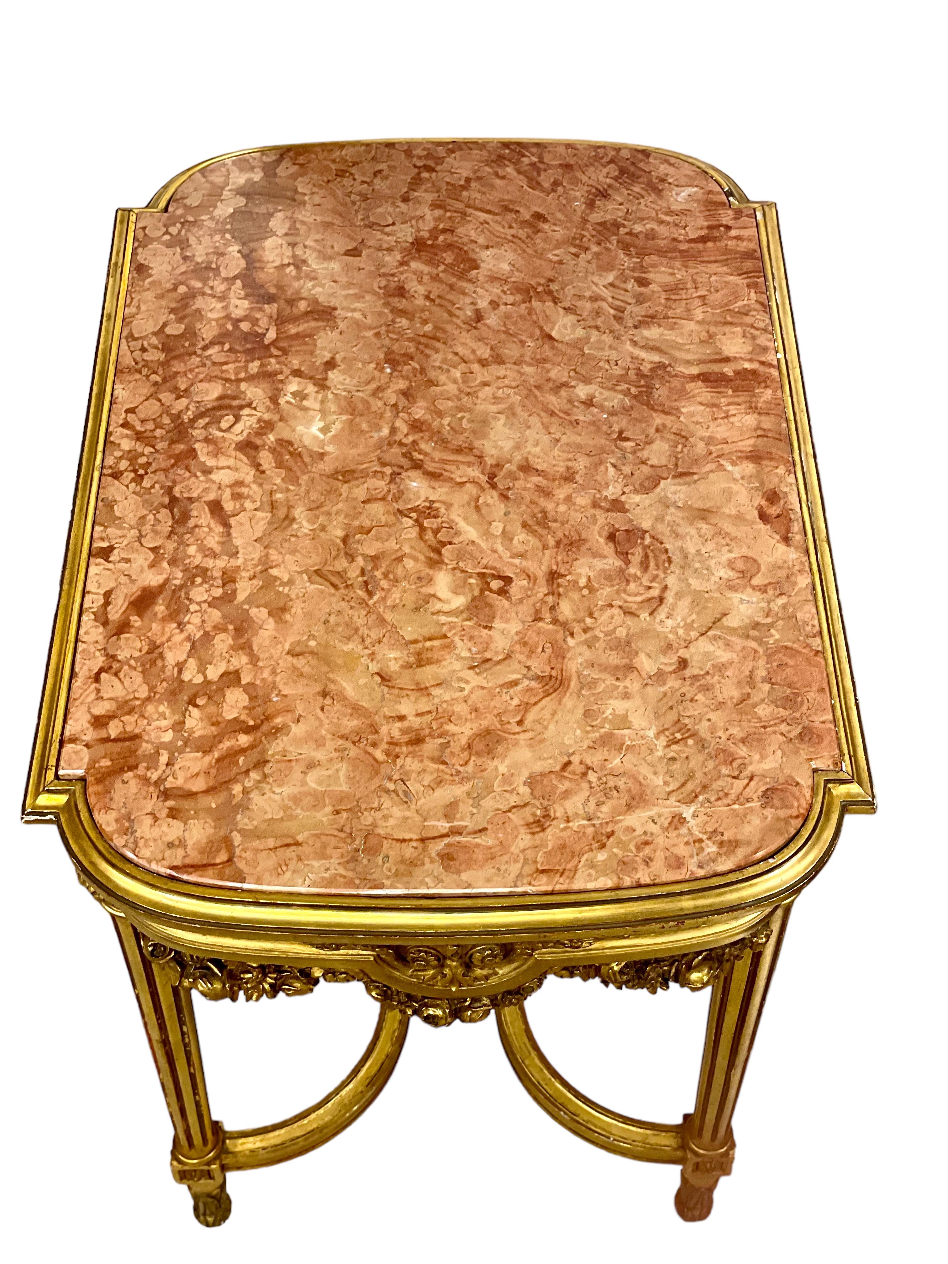 Louis XVI Gilded Center Table with Pink Veined Marble Top 1