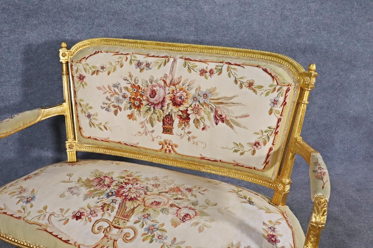 Early 20th Century Louis XVI Gilded French Aubusson Upholstered Canape Settee Circa 1920s