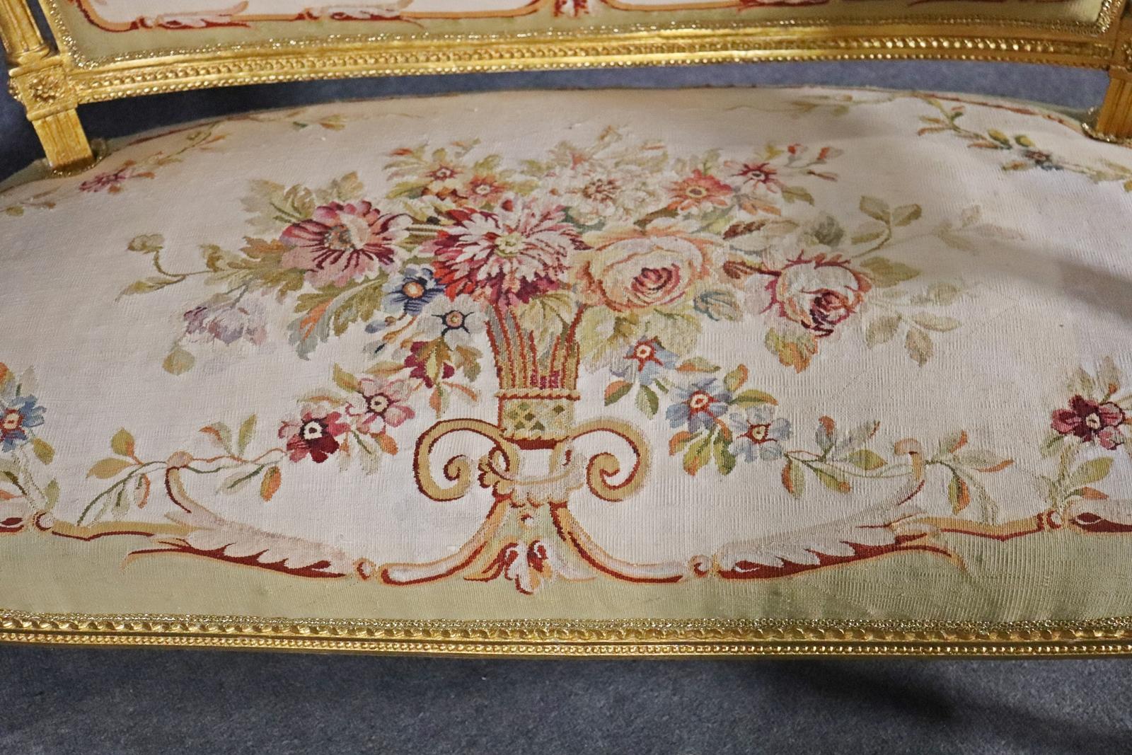 Walnut Louis XVI Gilded French Aubusson Upholstered Canape Settee Circa 1920s