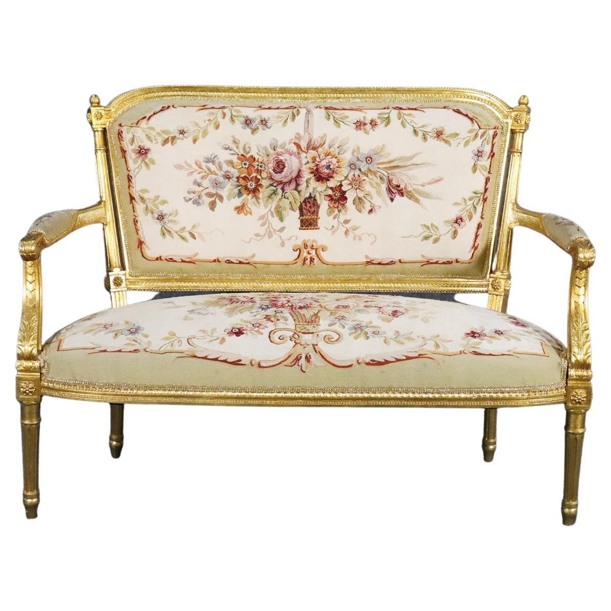 Louis XVI Gilded French Aubusson Upholstered Canape Settee Circa 1920s