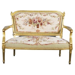 Louis XVI Gilded French Aubusson Upholstered Canape Settee Circa 1920s