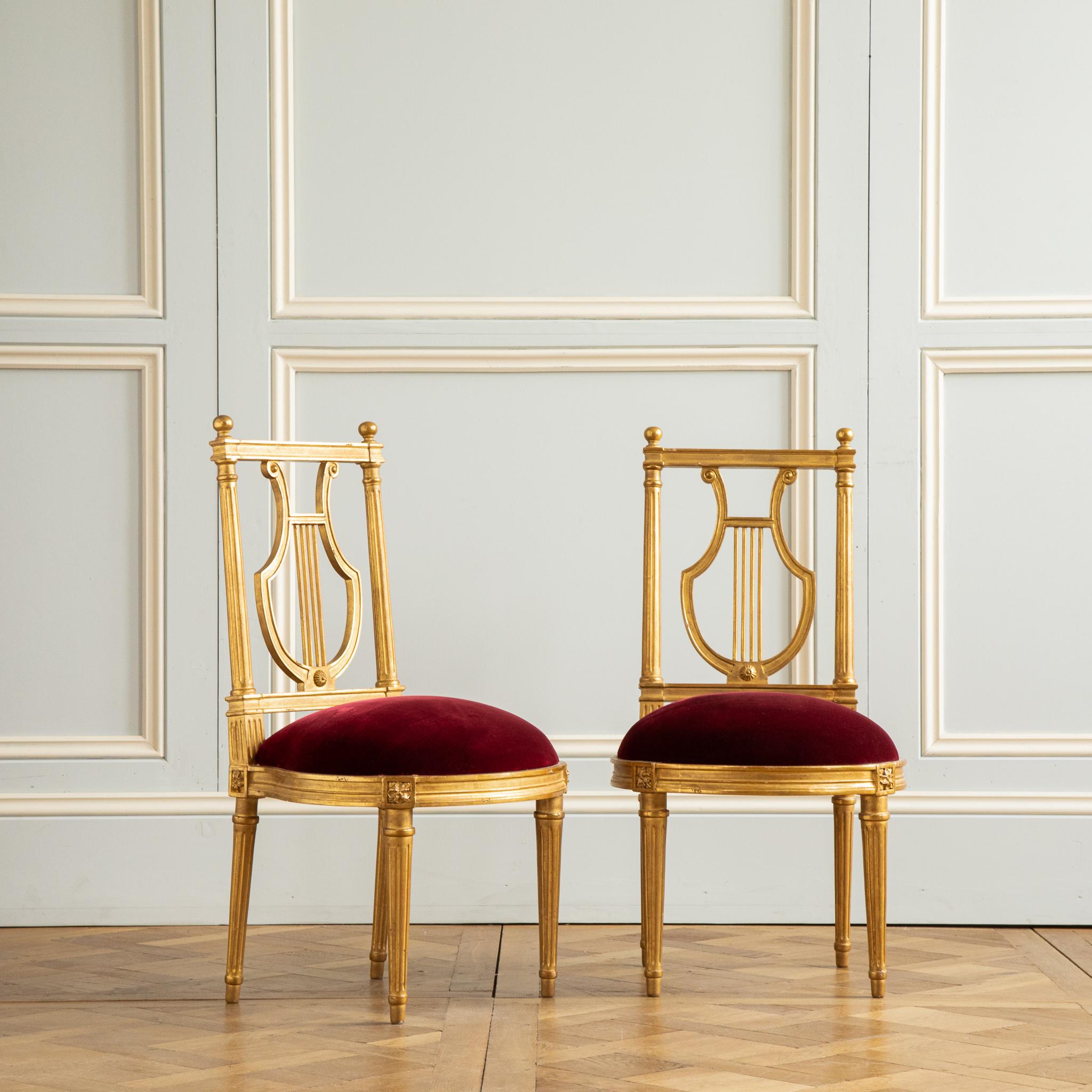 a Pair of Giltwood Louis XVI style chairs with Lyre back .
Models inspired by george Jacob who was one of the best Master in the 18th century Paris
He produced carved, painted and gilded seat furniture and upholstery work for the French royal