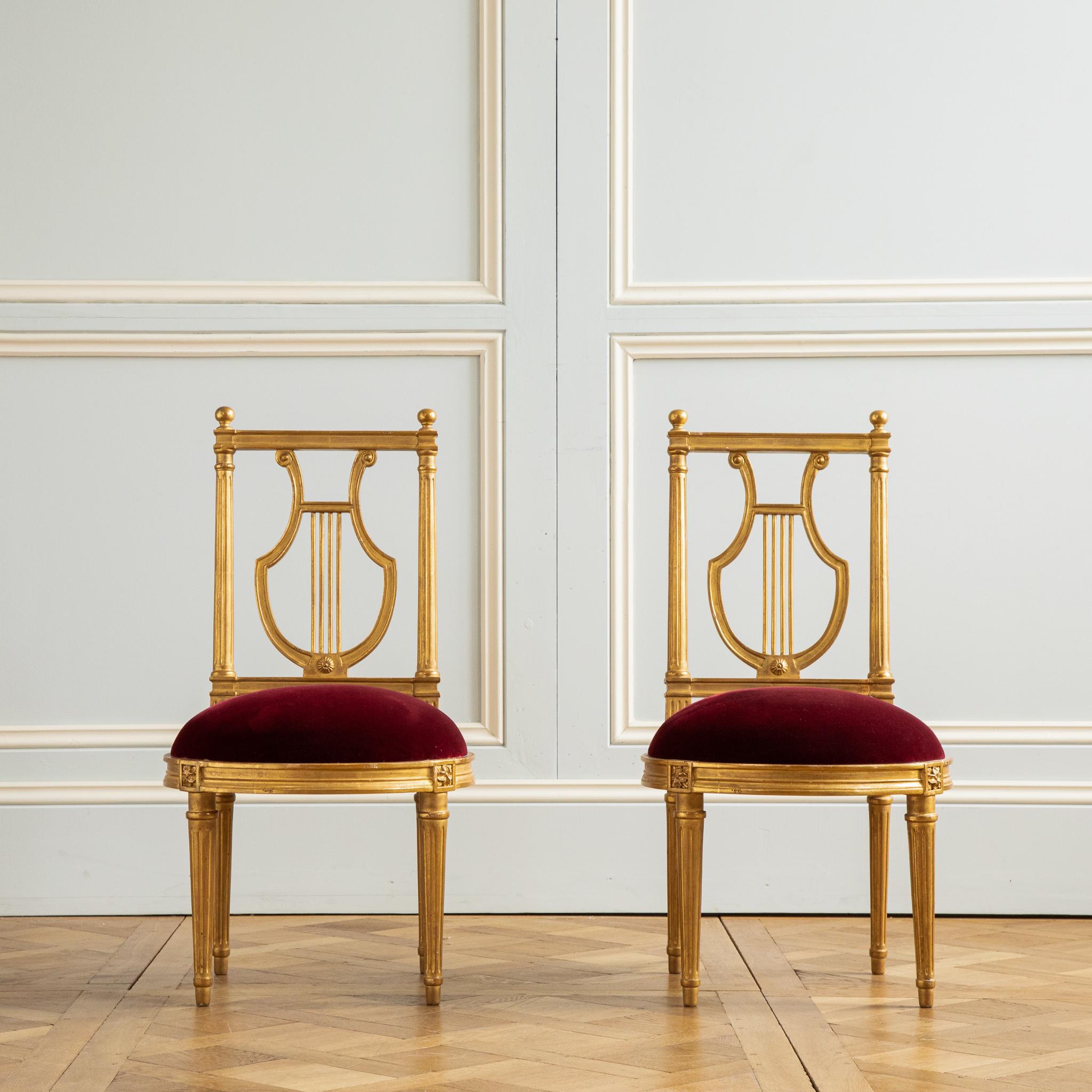 British Louis XVI Gilded Lyre Chairs with Deep Red Velvet Inspired by Jacob For Sale