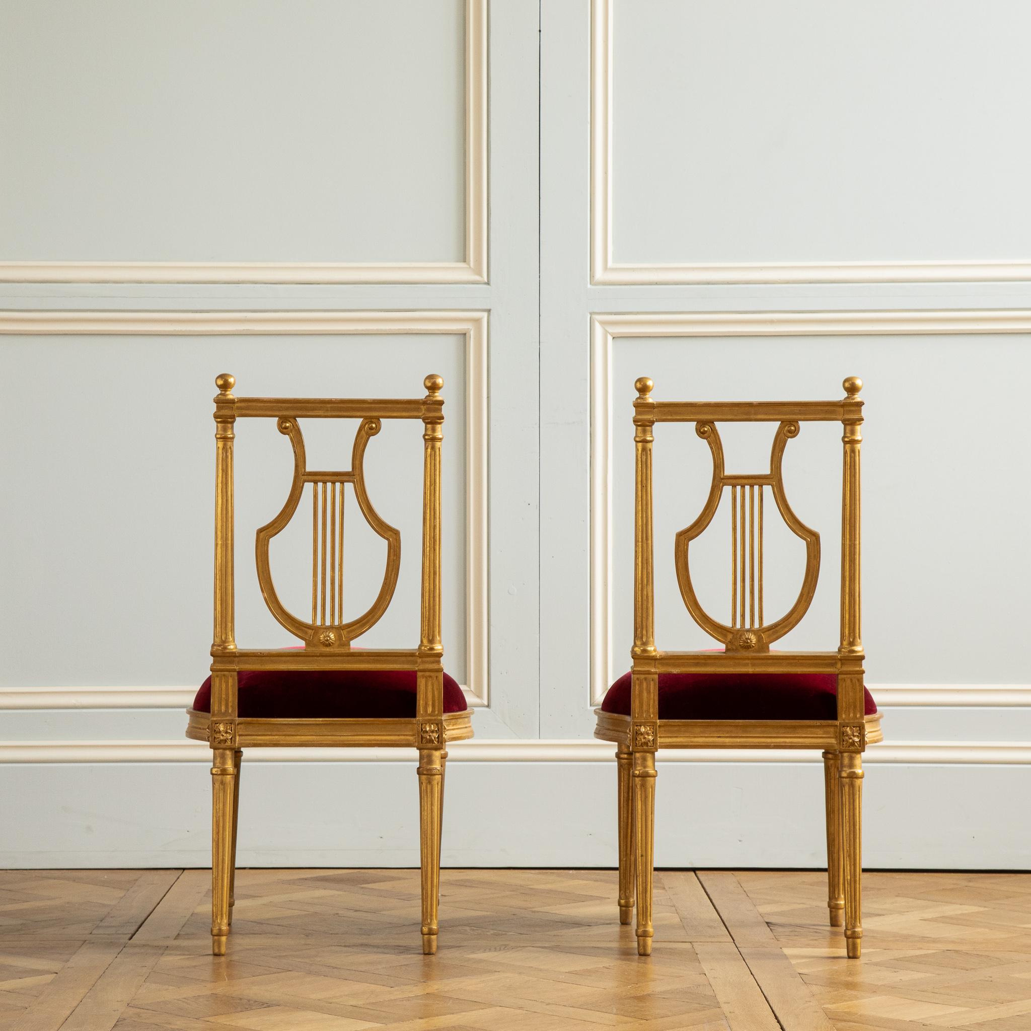 Contemporary Louis XVI Gilded Lyre Chairs with Deep Red Velvet Inspired by Jacob For Sale