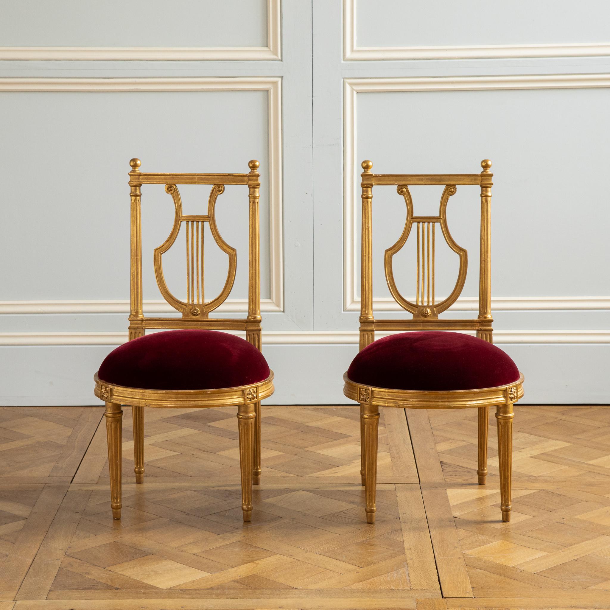 Wood Louis XVI Gilded Lyre Chairs with Deep Red Velvet Inspired by Jacob For Sale