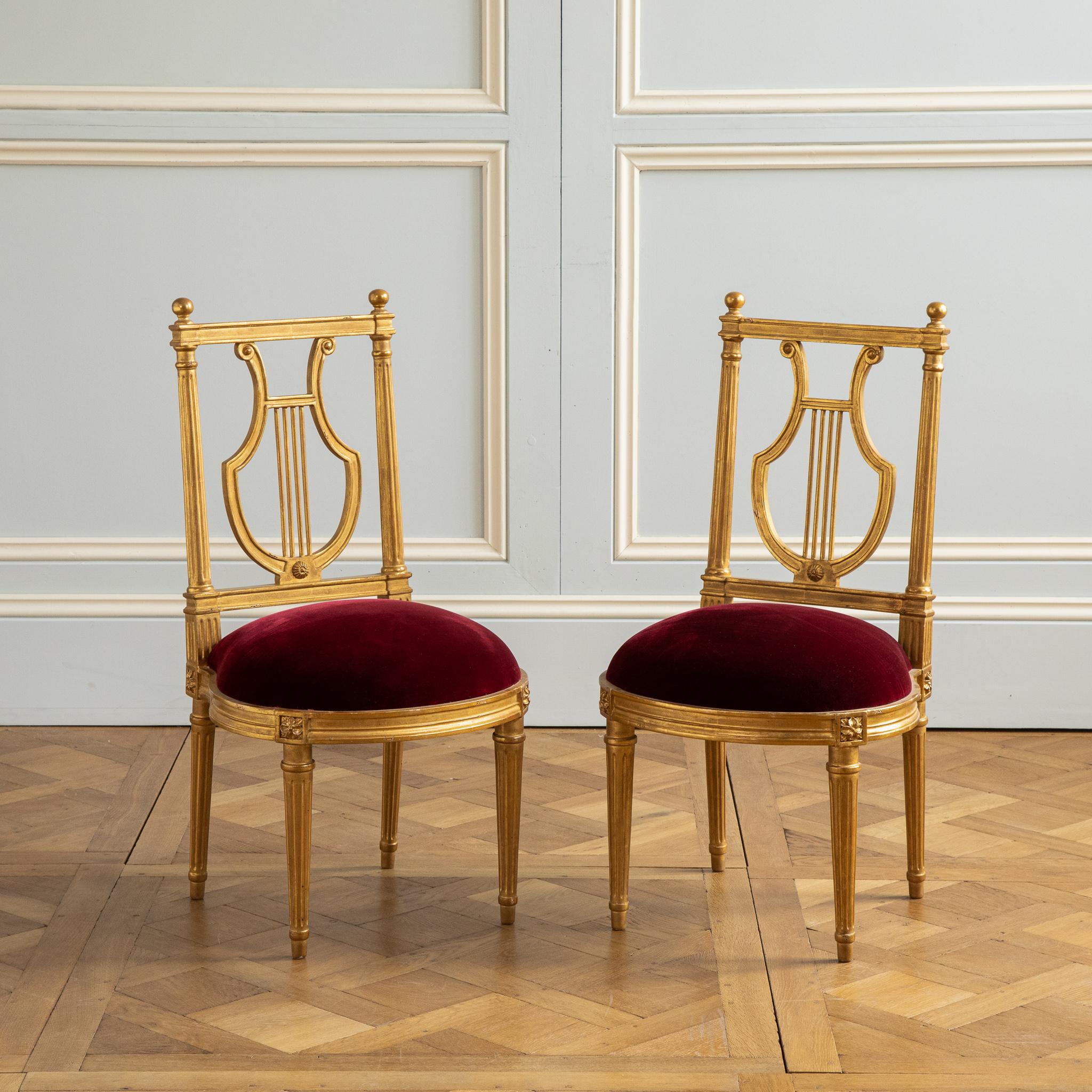 Louis XVI Gilded Lyre Chairs with Deep Red Velvet Inspired by Jacob For Sale 1