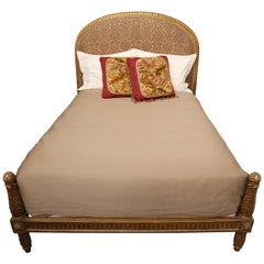 Antique Louis XVI Style Gilt Bed with Silk Headboard