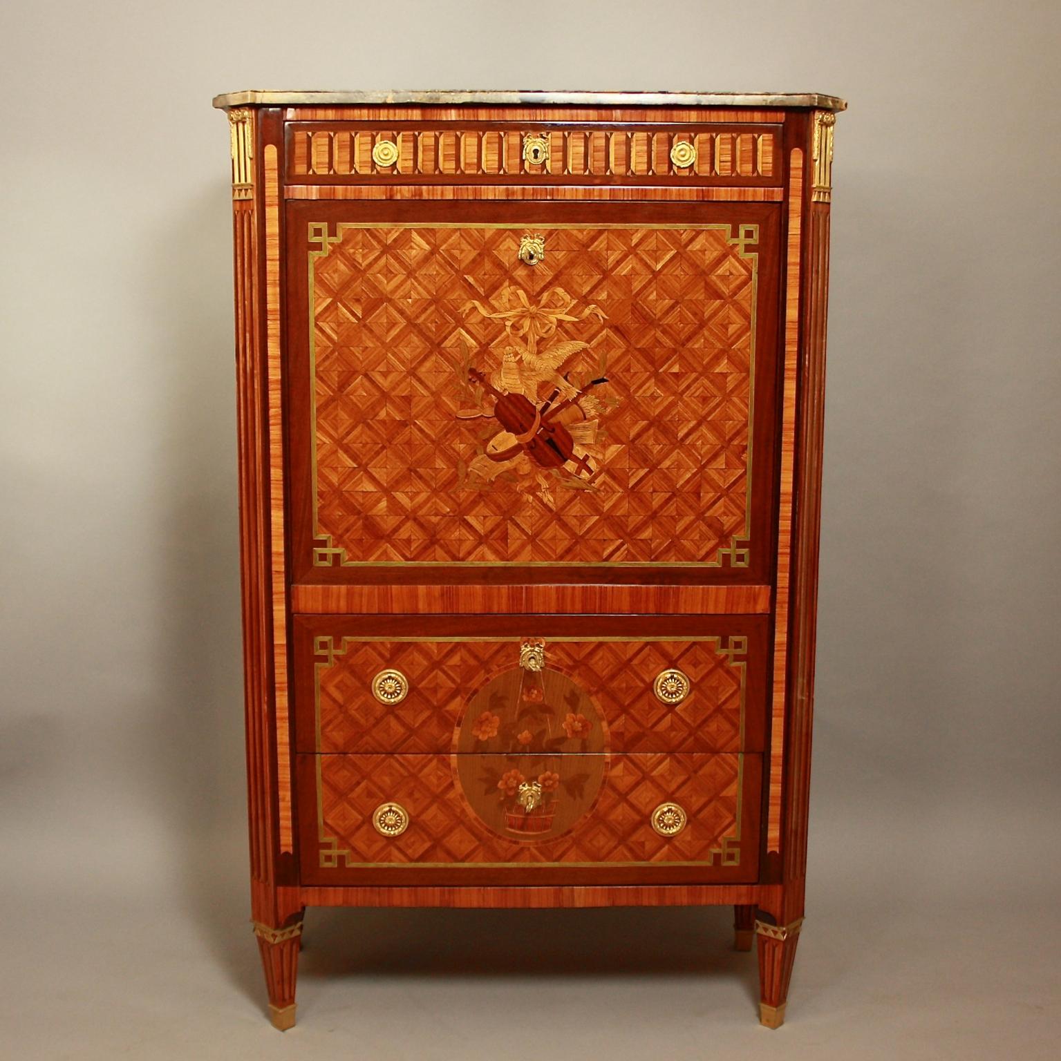 Late 18th Century French 18th Century Louis XVI Gilt-Bronze Floral Marquetry Secretaire à Àbattant