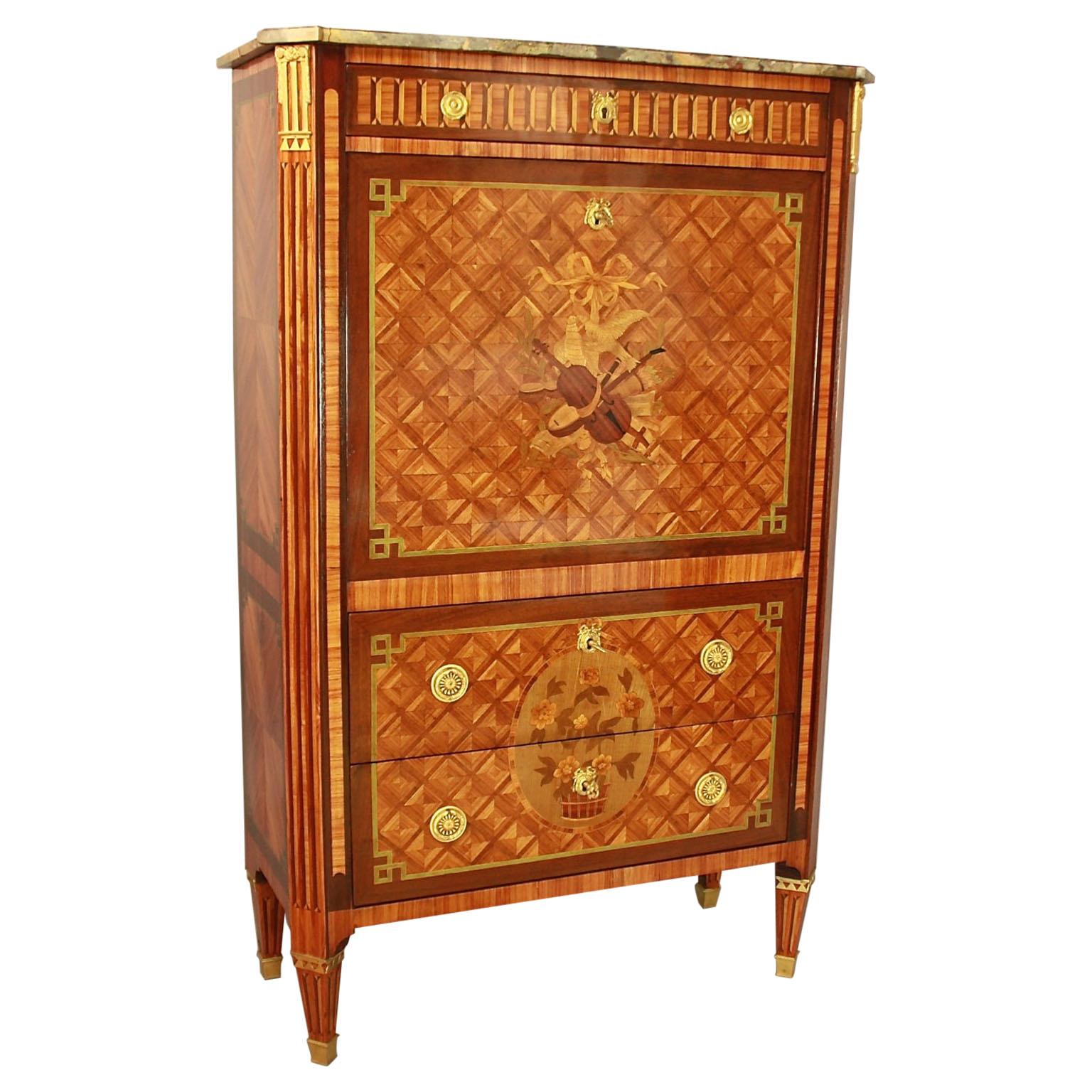 French 18th Century Louis XVI Gilt-Bronze Floral Marquetry Secretaire à Àbattant