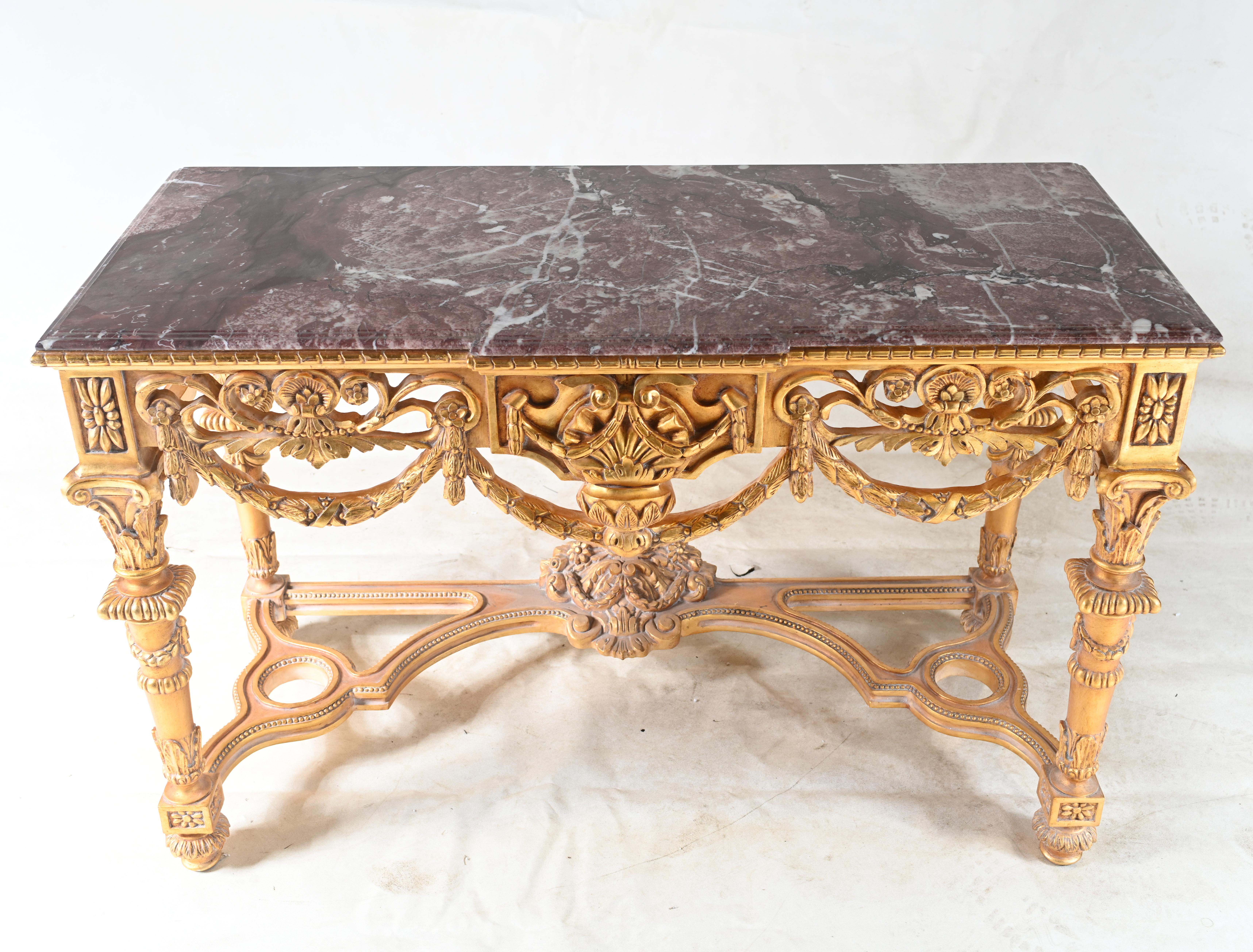 Console Louis XVI doré Dessus de marbre Revival en vente 8