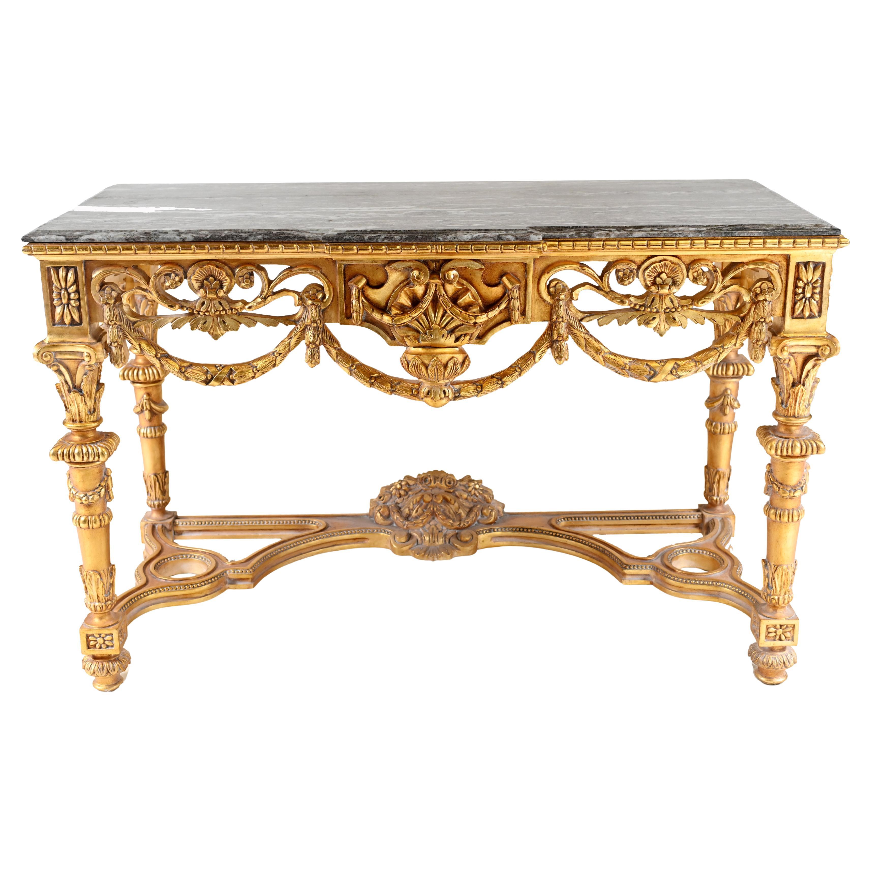 Console Louis XVI doré Dessus de marbre Revival en vente