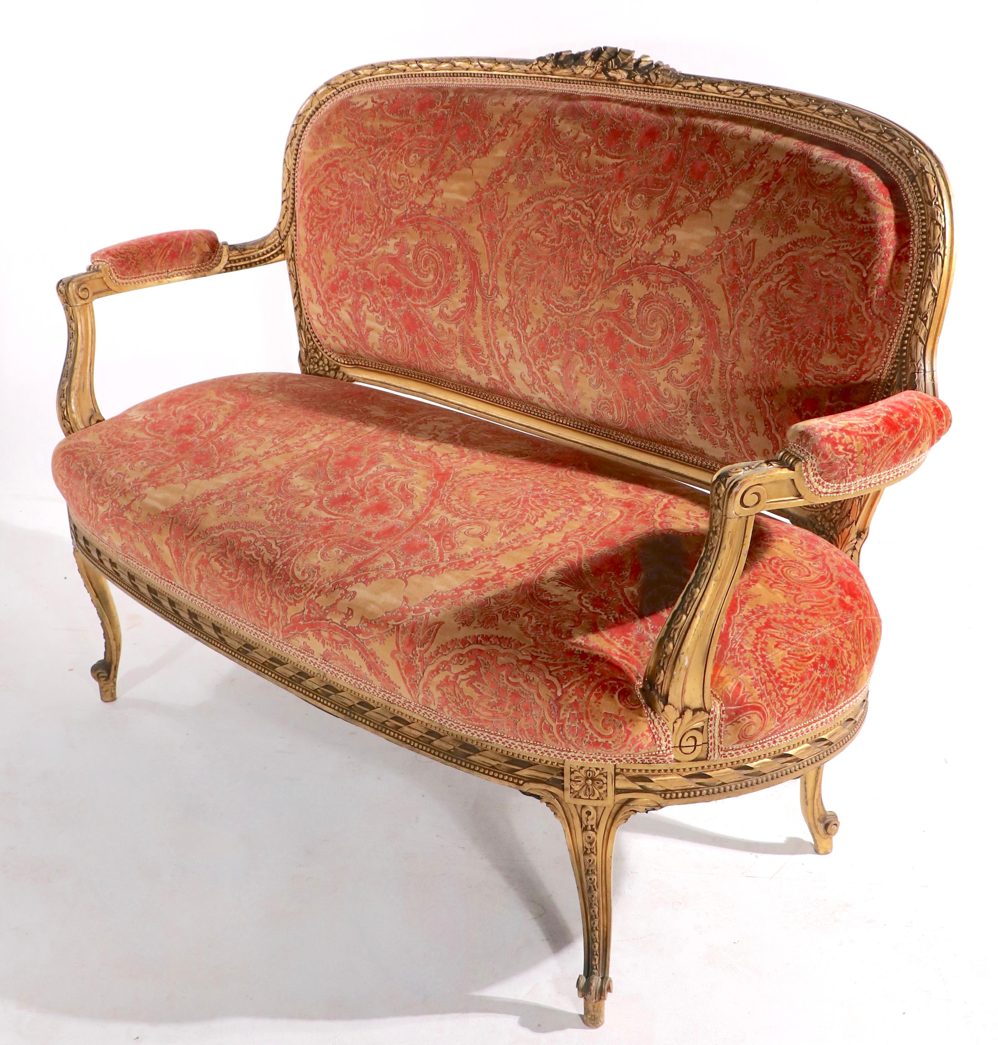Louis XVI Gilt Settee Loveseat Sofa with Fortuny Fabric For Sale 6
