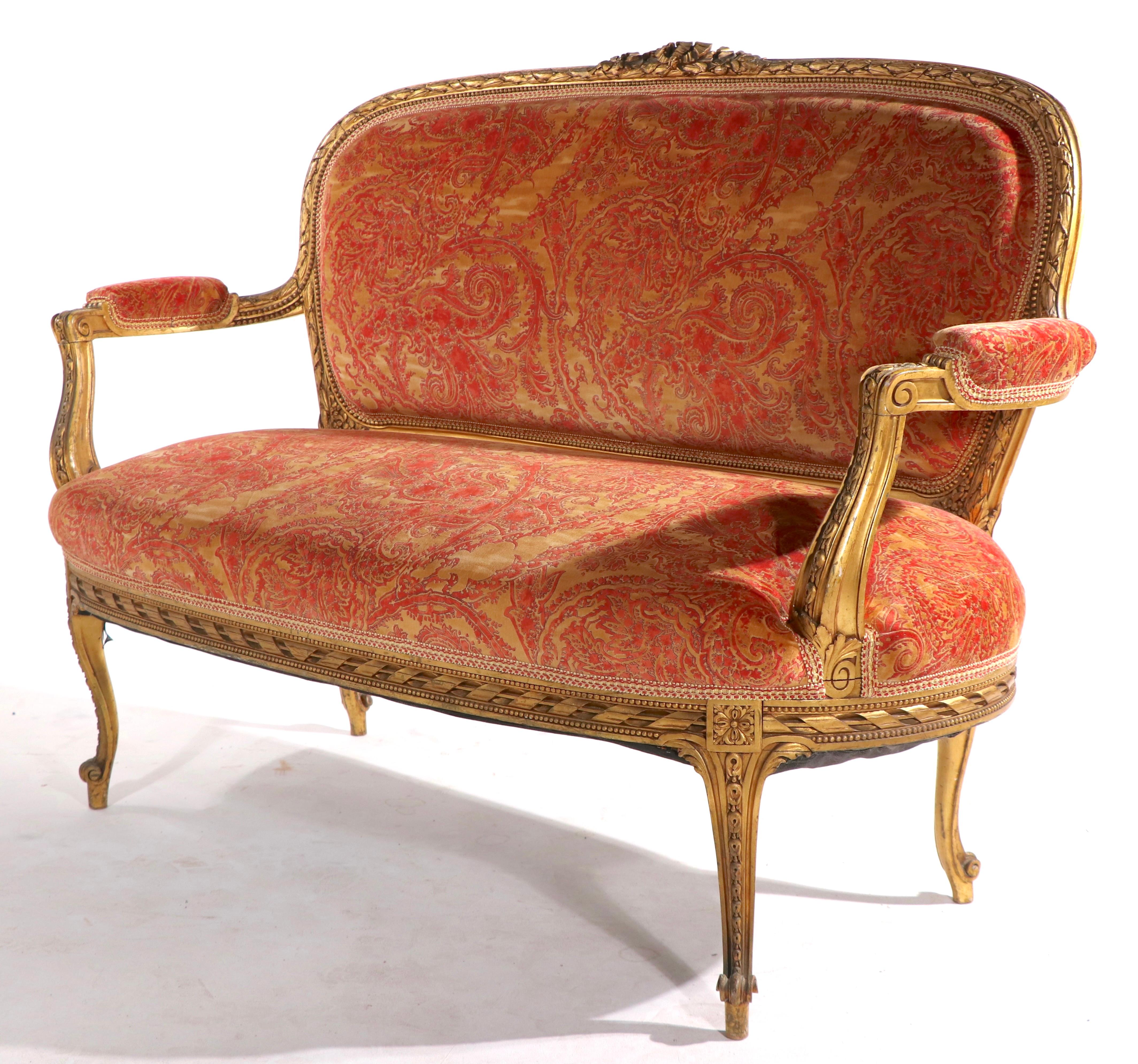 Louis XVI Gilt Settee Loveseat Sofa with Fortuny Fabric For Sale 7
