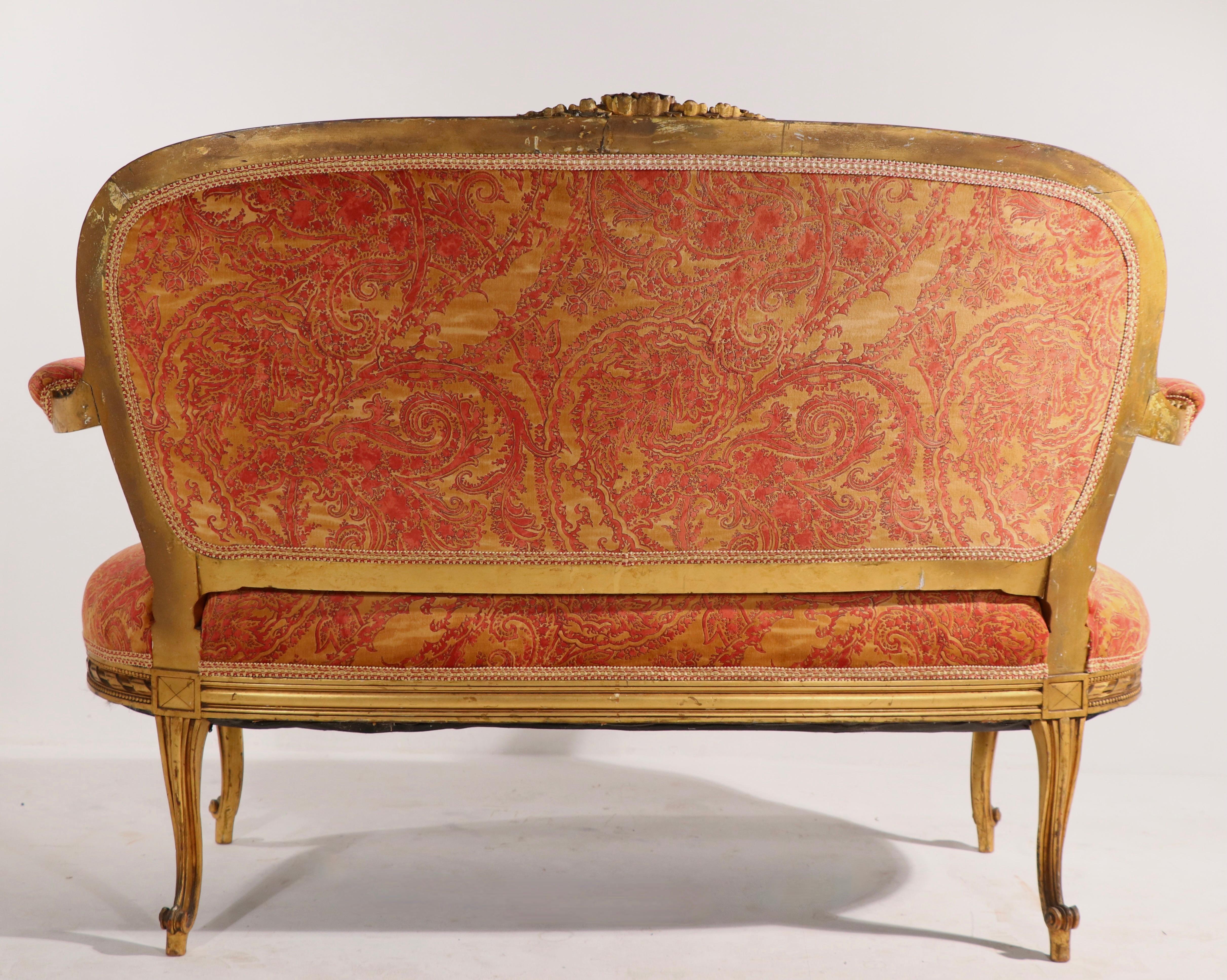 Louis XVI Gilt Settee Loveseat Sofa with Fortuny Fabric For Sale 8