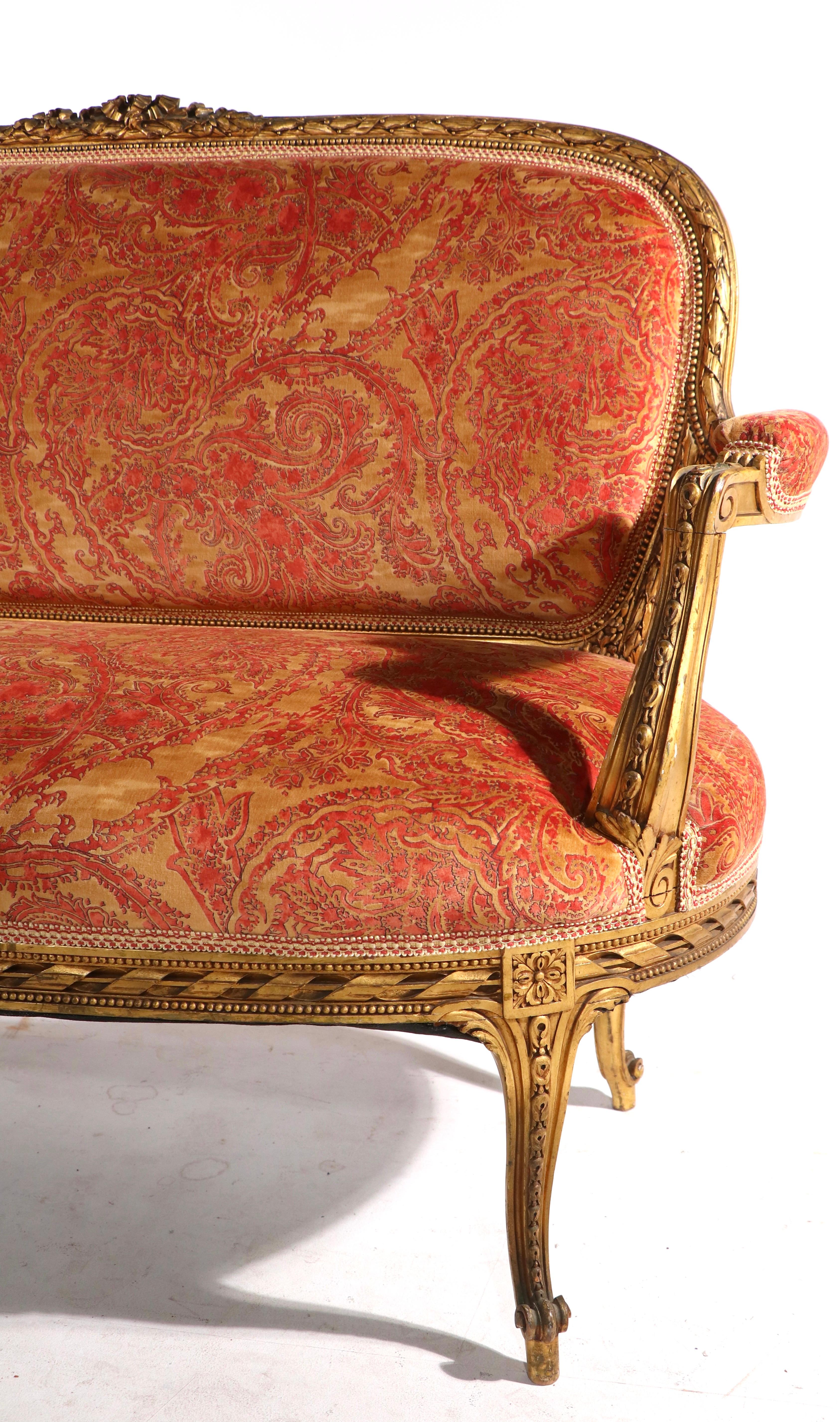 Upholstery Louis XVI Gilt Settee Loveseat Sofa with Fortuny Fabric For Sale