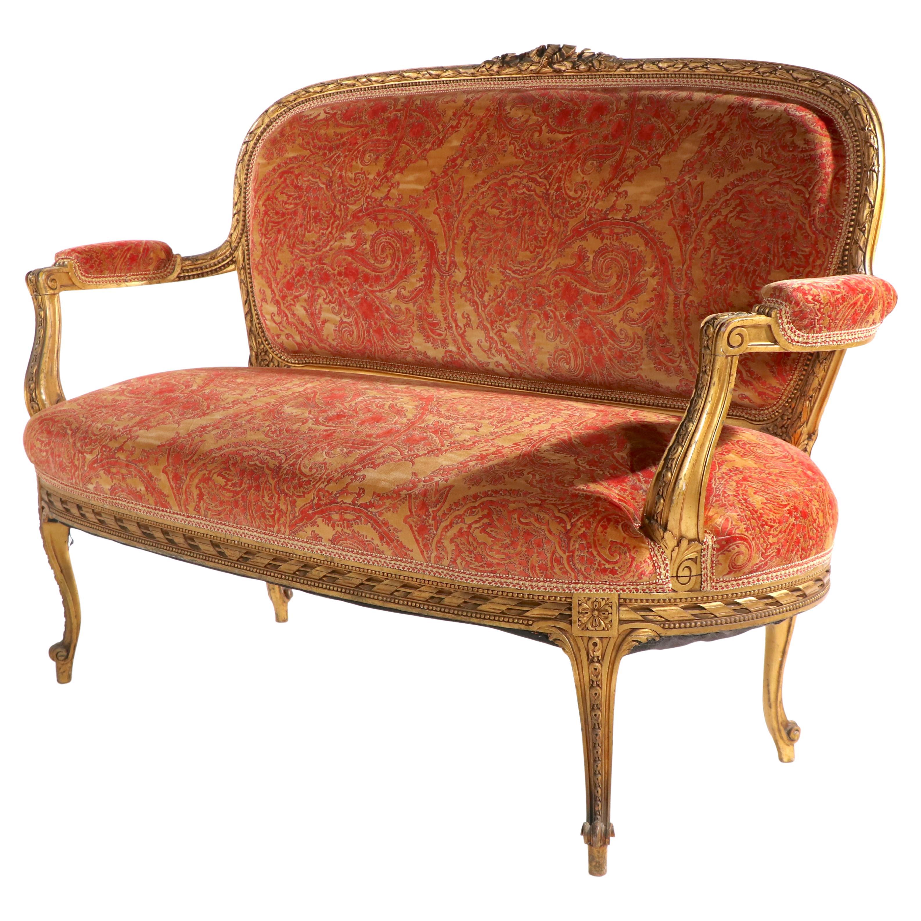 Louis XVI Gilt Settee Loveseat Sofa with Fortuny Fabric