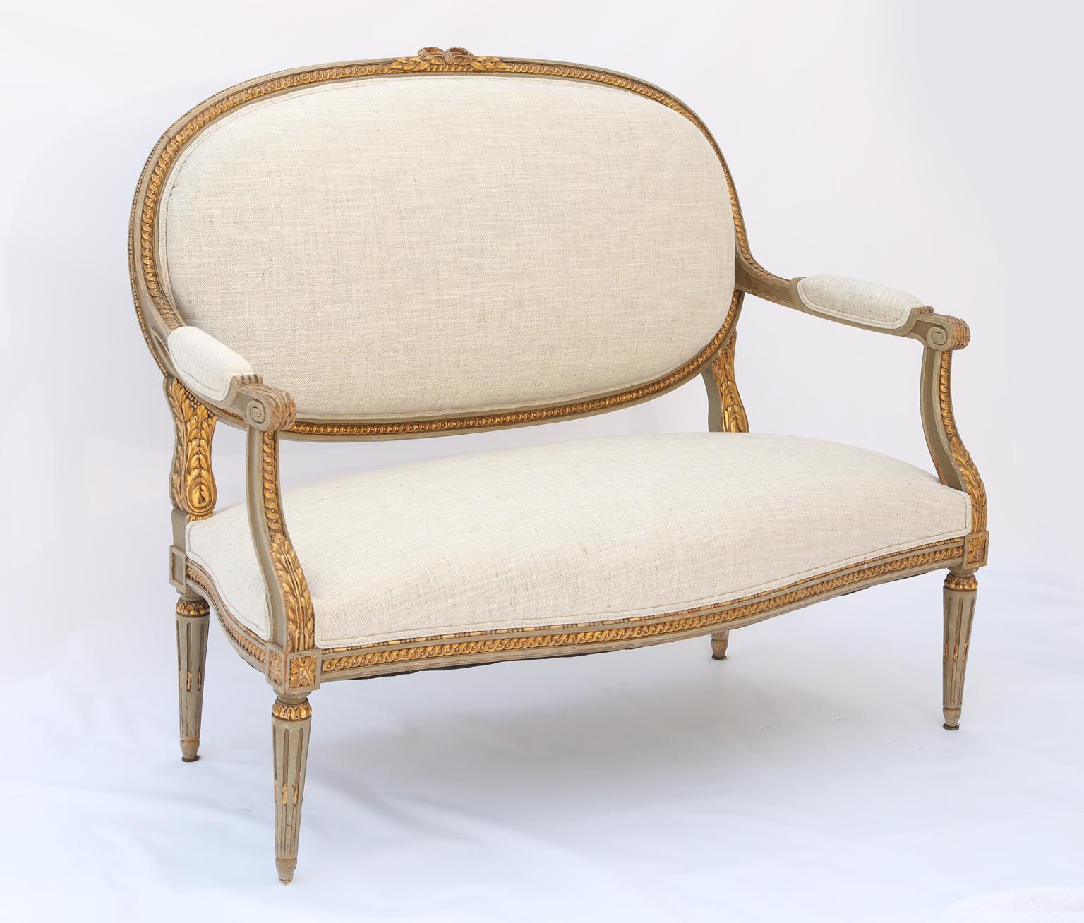 Hand-Carved Louis XVI Giltwood 19th French Century Settee in Linen