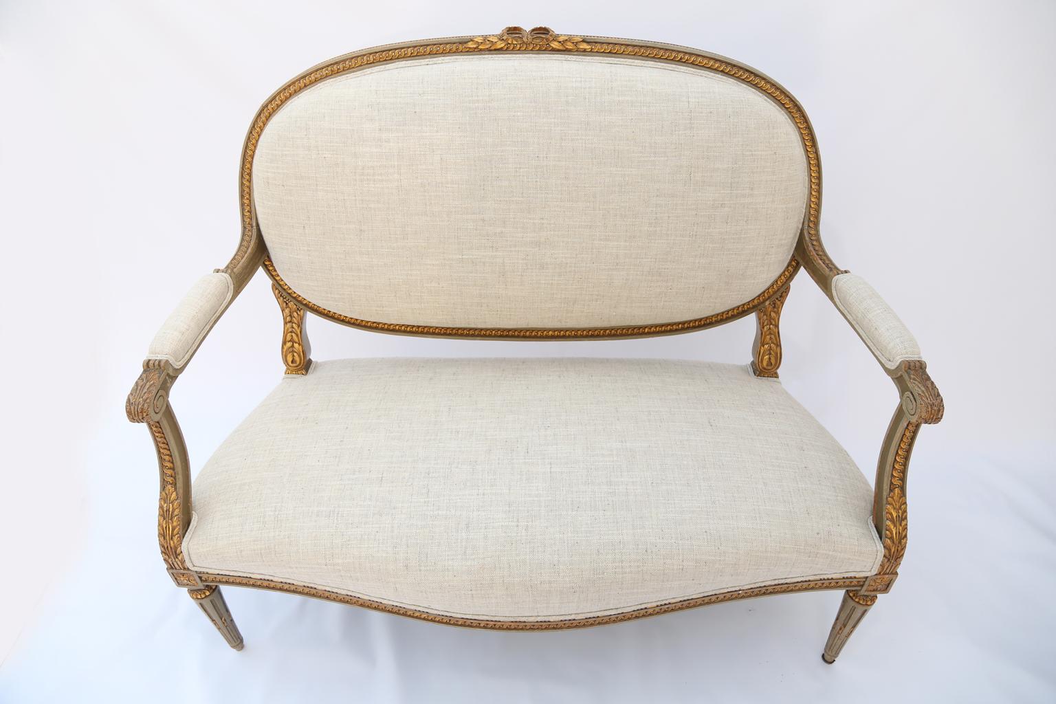 19th Century Louis XVI Giltwood 19th French Century Settee in Linen
