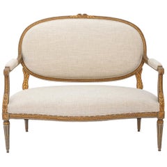 Louis XVI Giltwood 19th French Century Settee in Linen