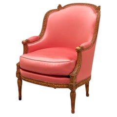Louis XVI Giltwood Armchair or Bergère Upholstered in Pure Silk