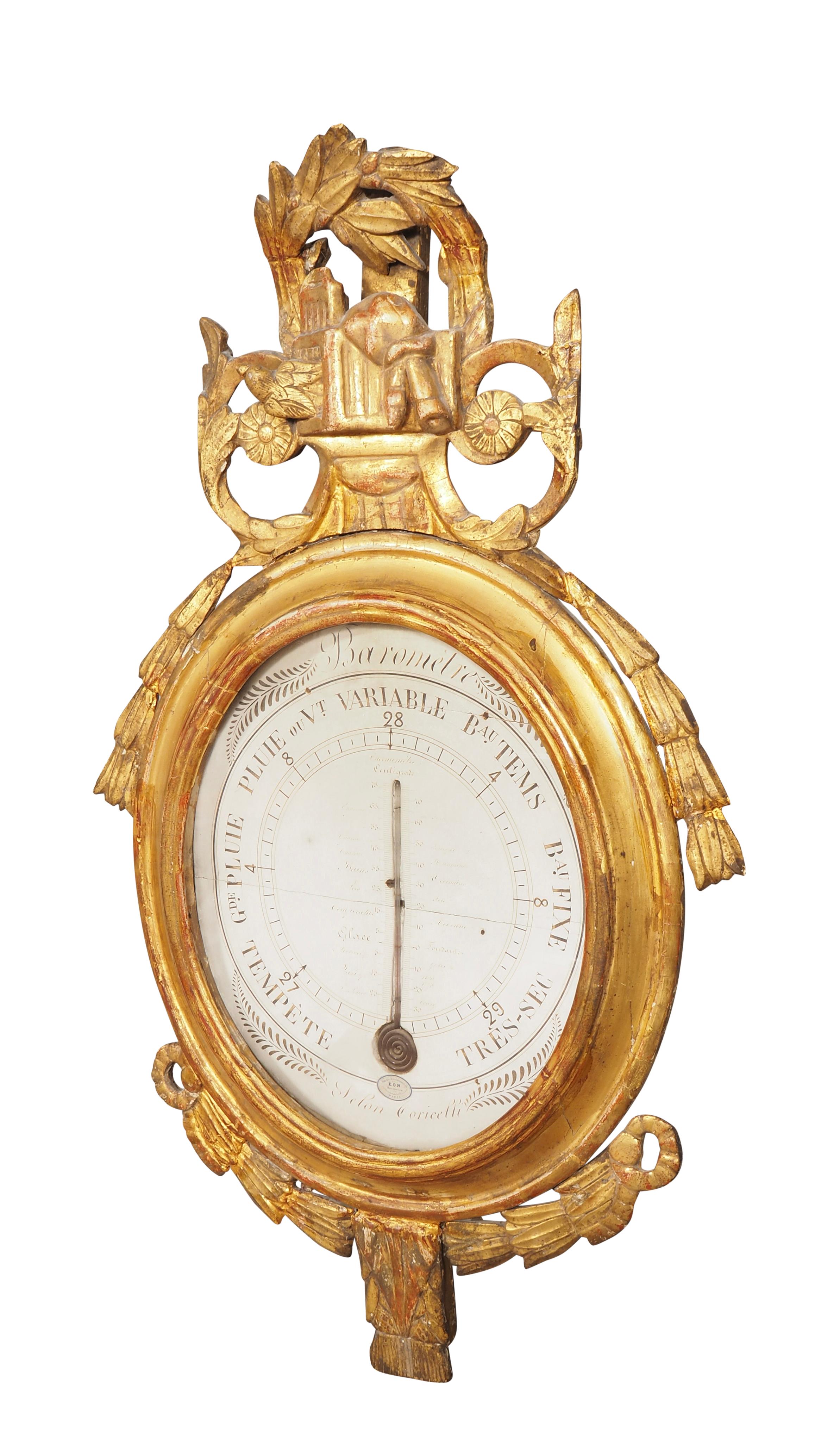 Francese Barometro in legno dorato Luigi XVI di Selon Torricelli