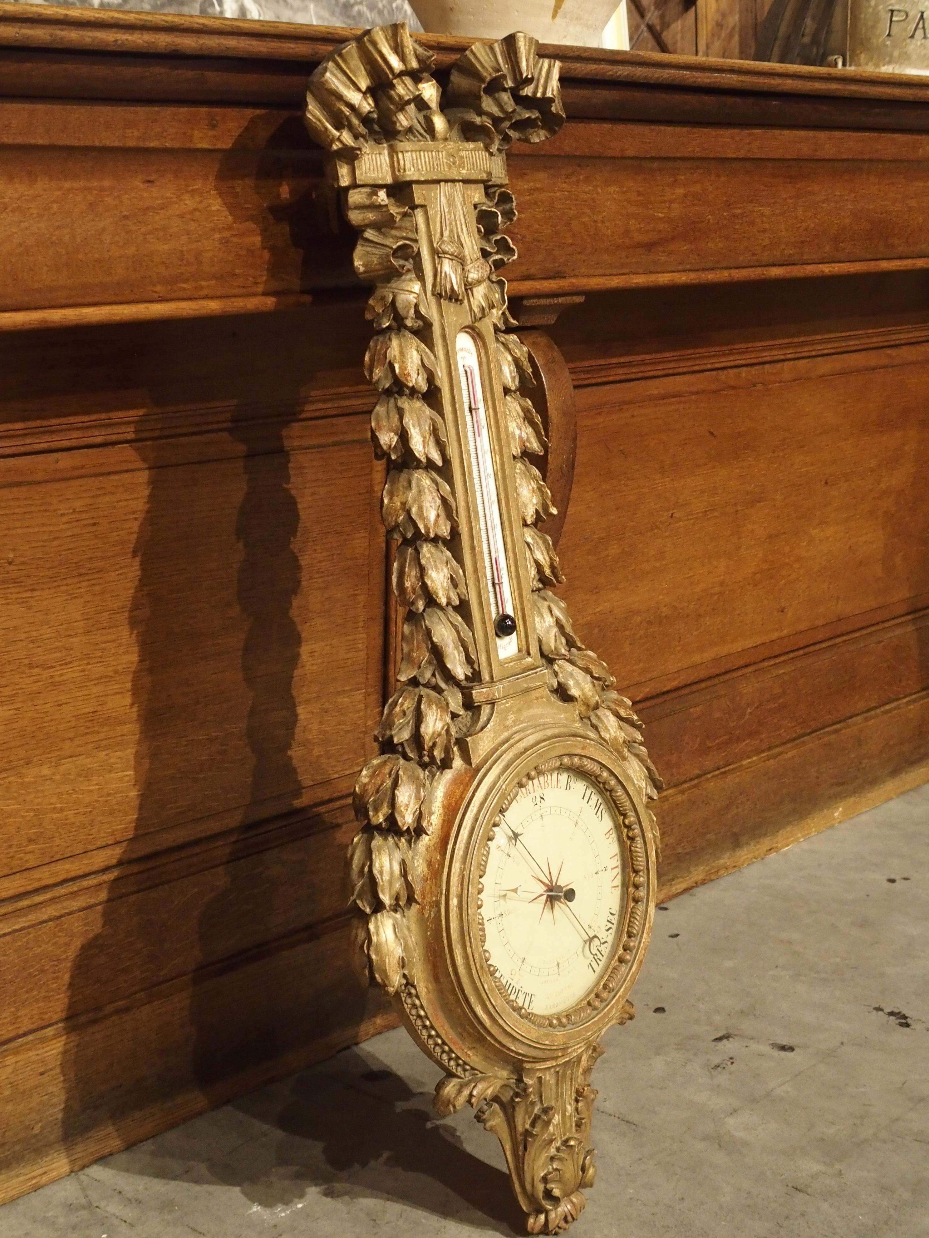 Louis XVI Giltwood Barometer Thermometer with Crinkled Ribbon Motif 10