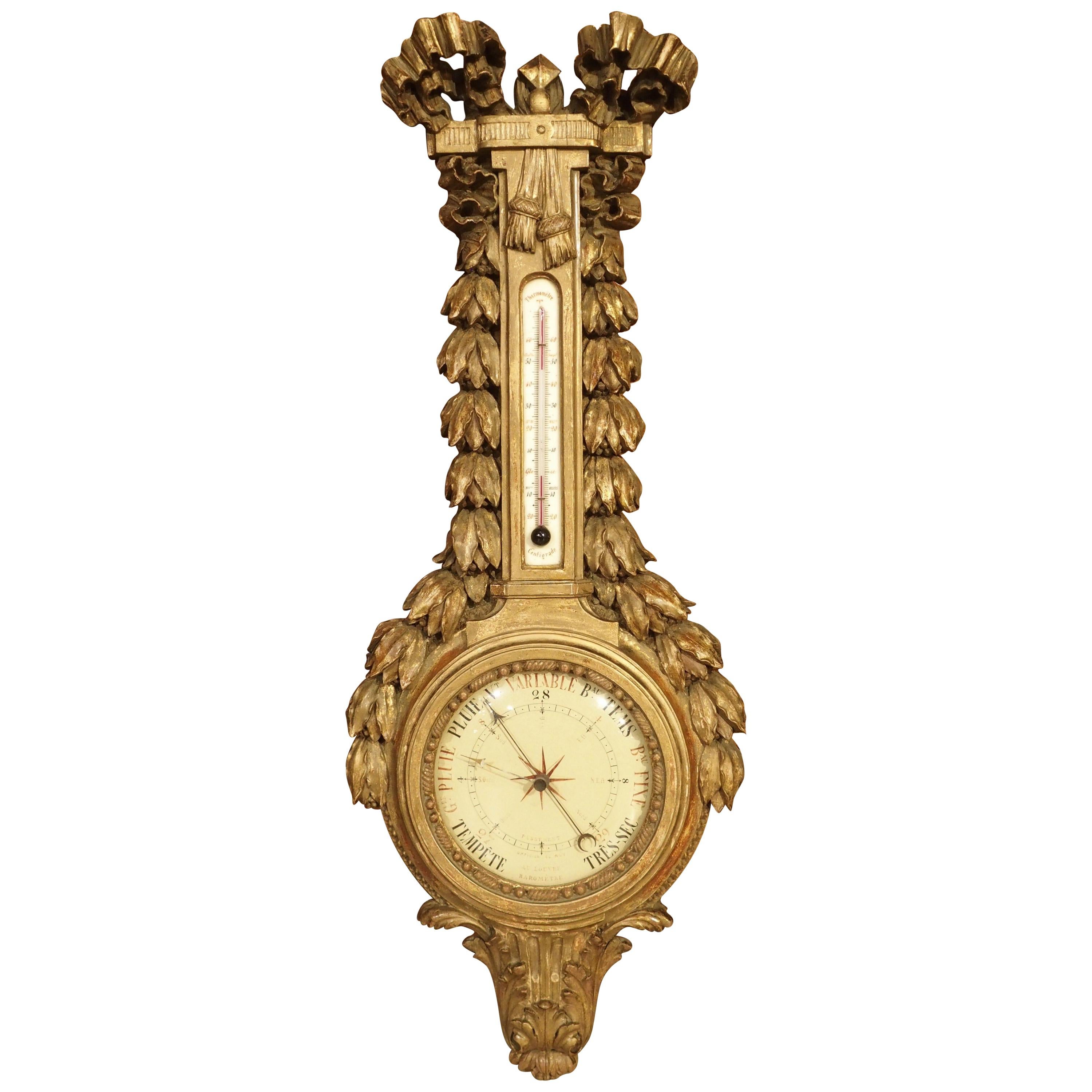 Louis XVI Giltwood Barometer Thermometer with Crinkled Ribbon Motif
