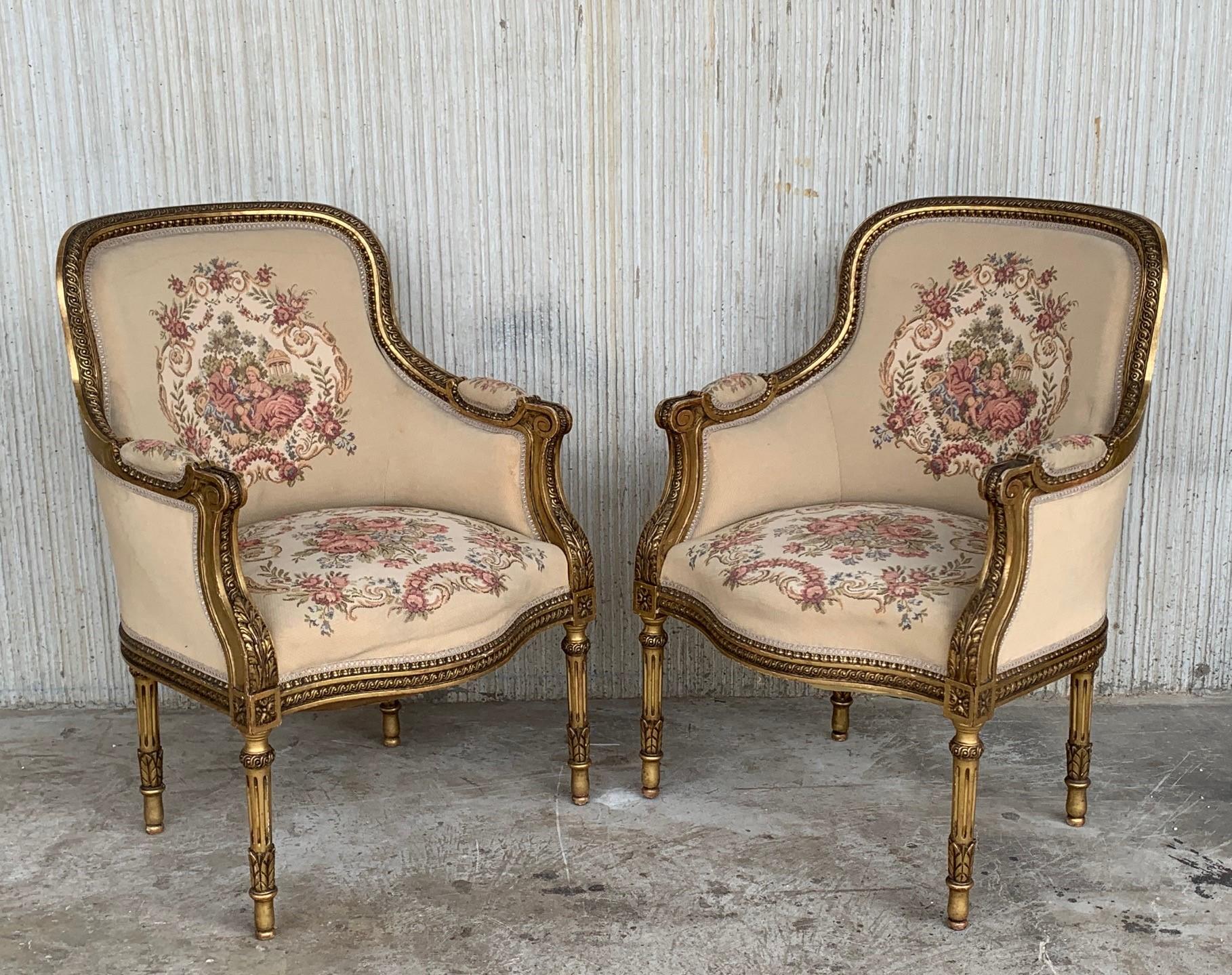 French Louis XVI Giltwood Bergère Armchairs with Original Fabric, circa 1800