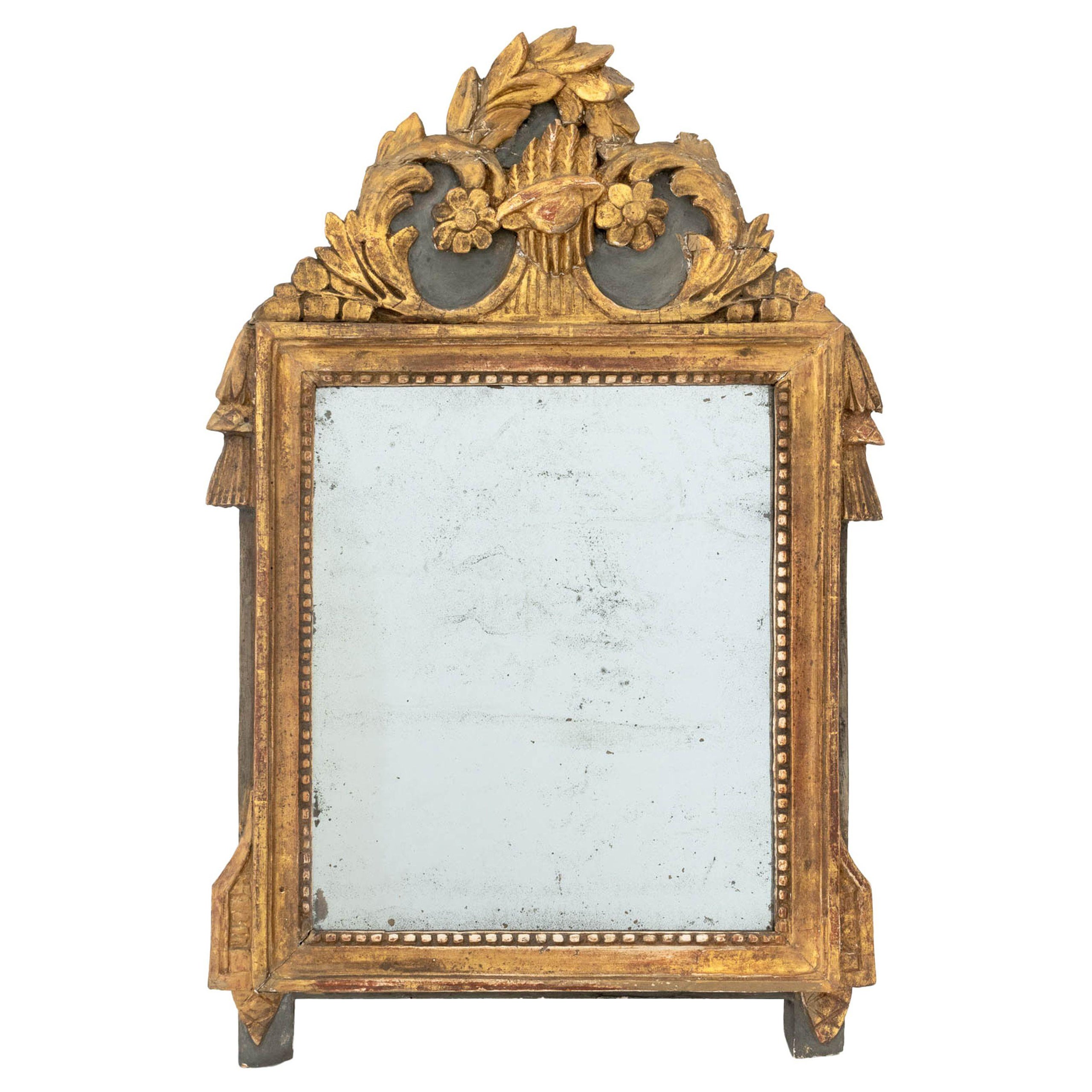 Louis XVI Giltwood Wall Mirror with Floral Crest, 18th Century