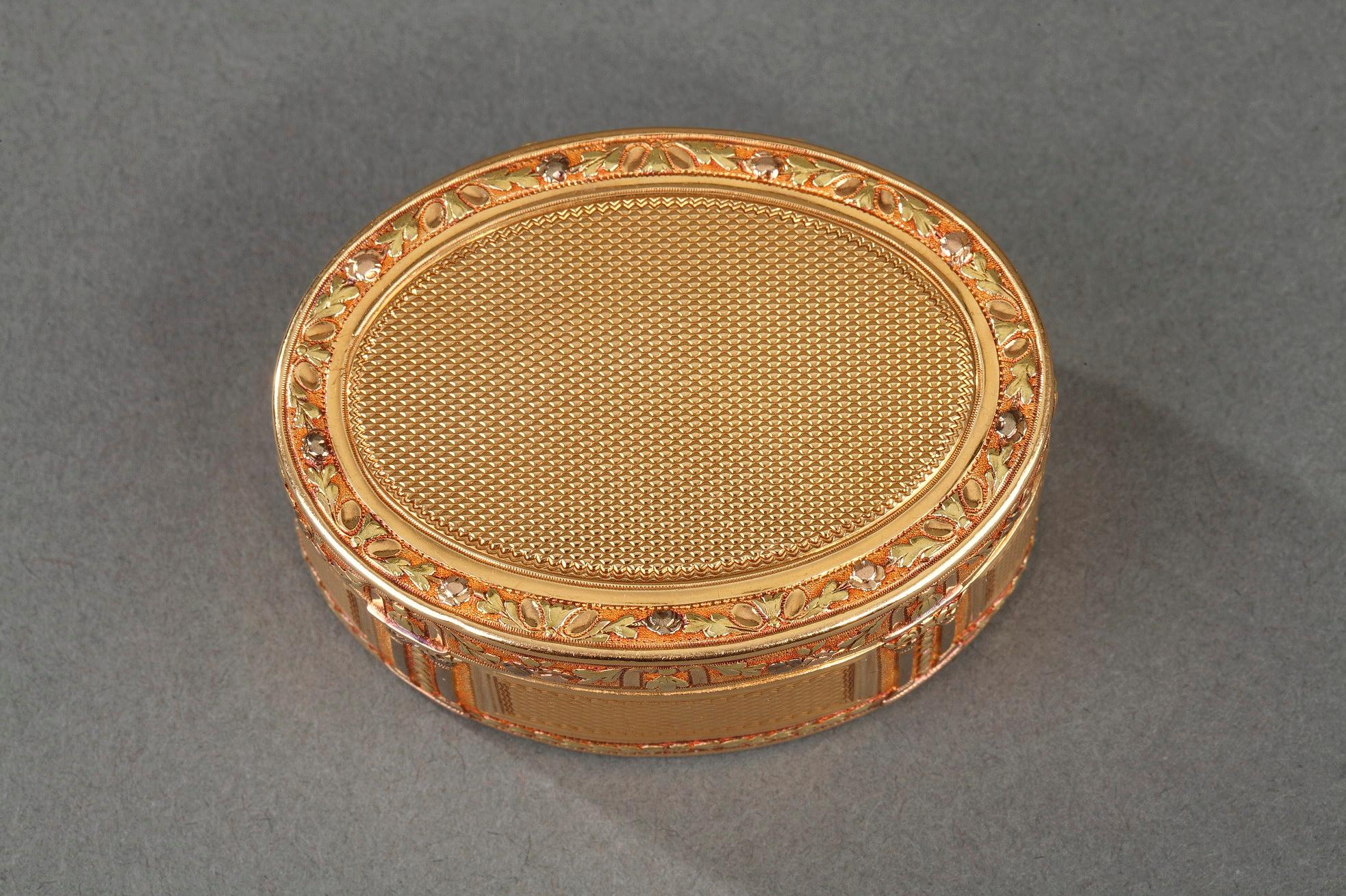 Oval snuff box in three tones of gold. The hinged lid is decorated with an intricate scale pattern surrounded by a frieze of roses, ribbons, and pink, green and white gold leaves. The side of the box features four panels with the same scale pattern.