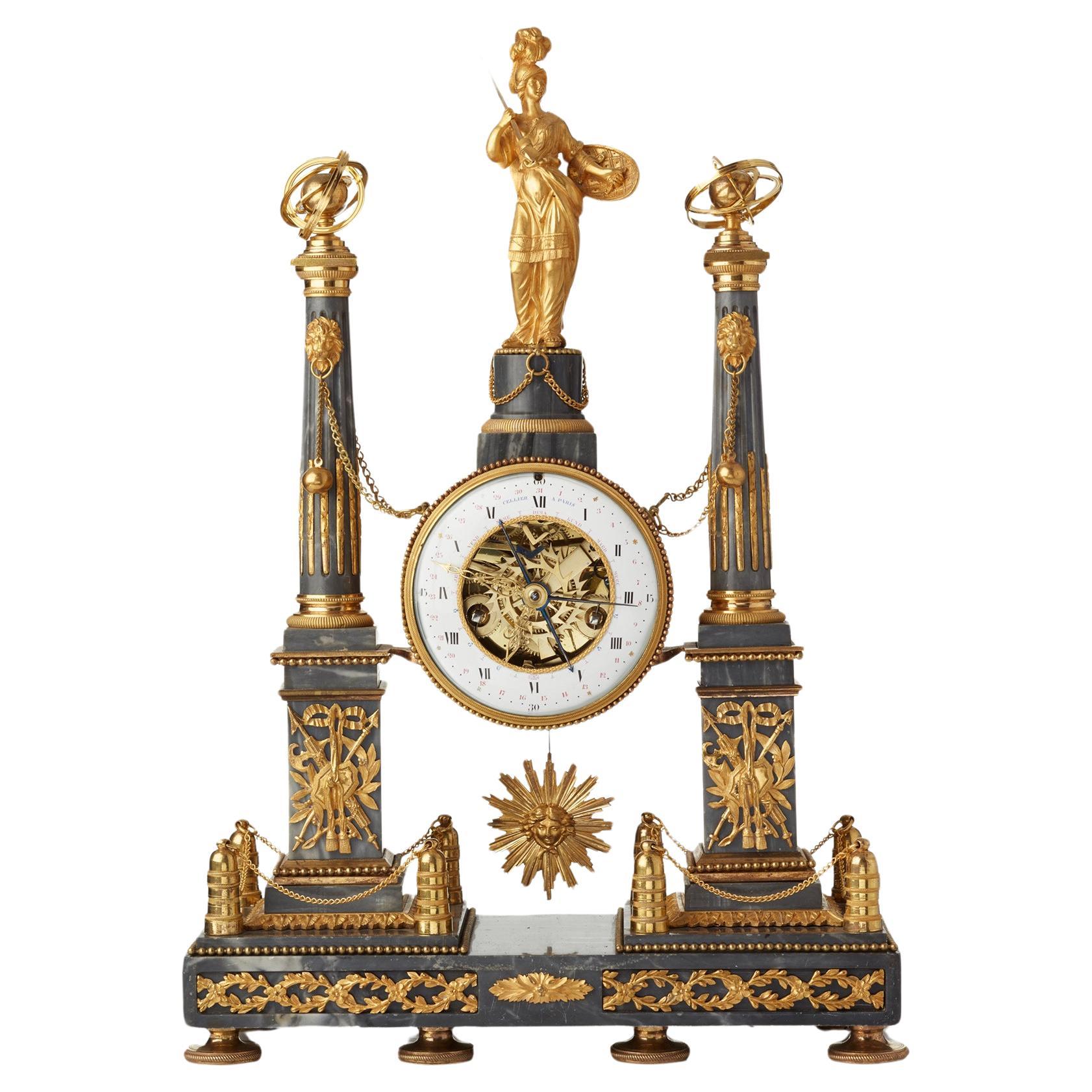 Louis XVI grey marble mantel clock by Cellier  For Sale