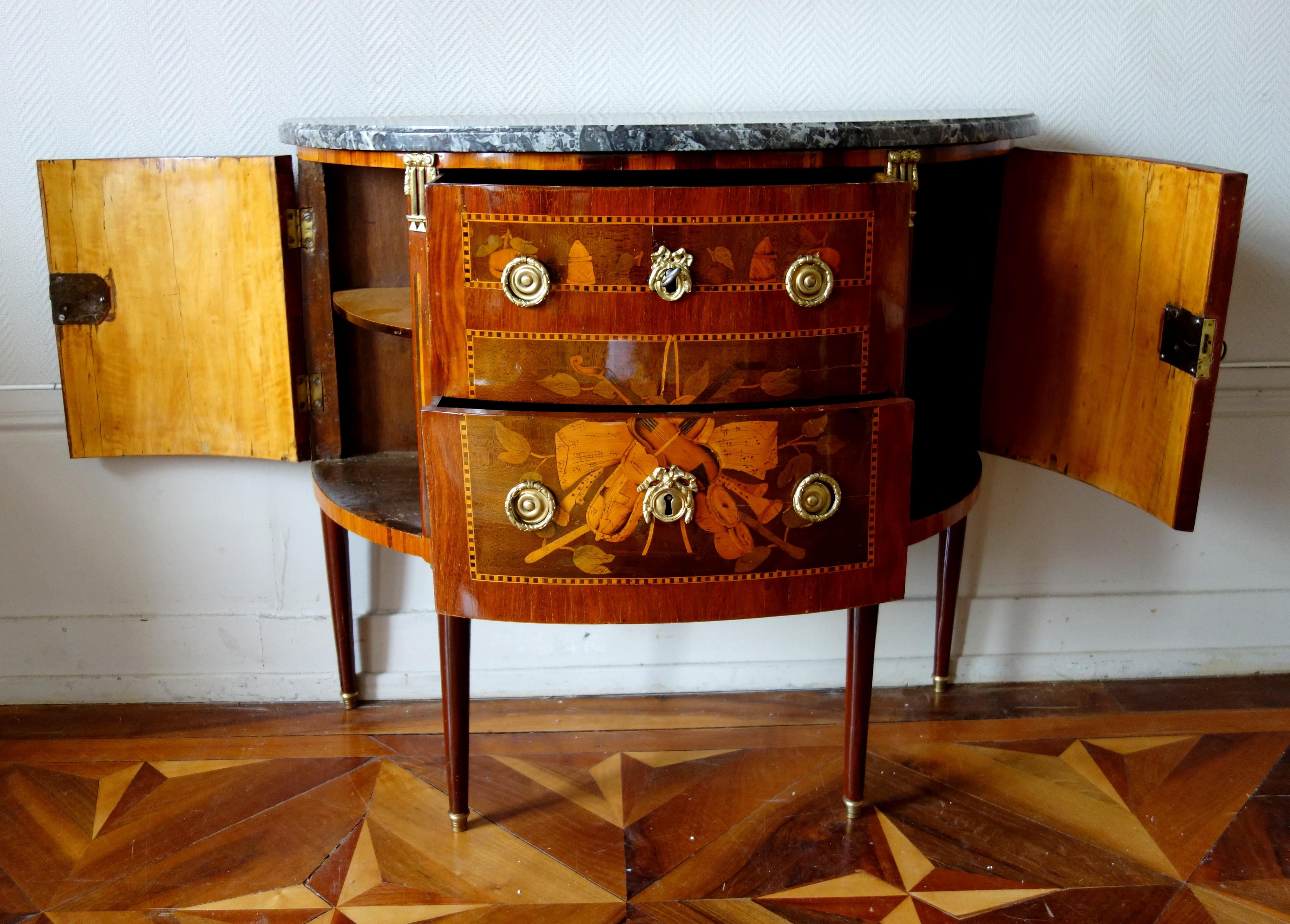French Louis XVI Half-Moon Marquetry Commode / Chest of Drawers, Stamped - 18th Century