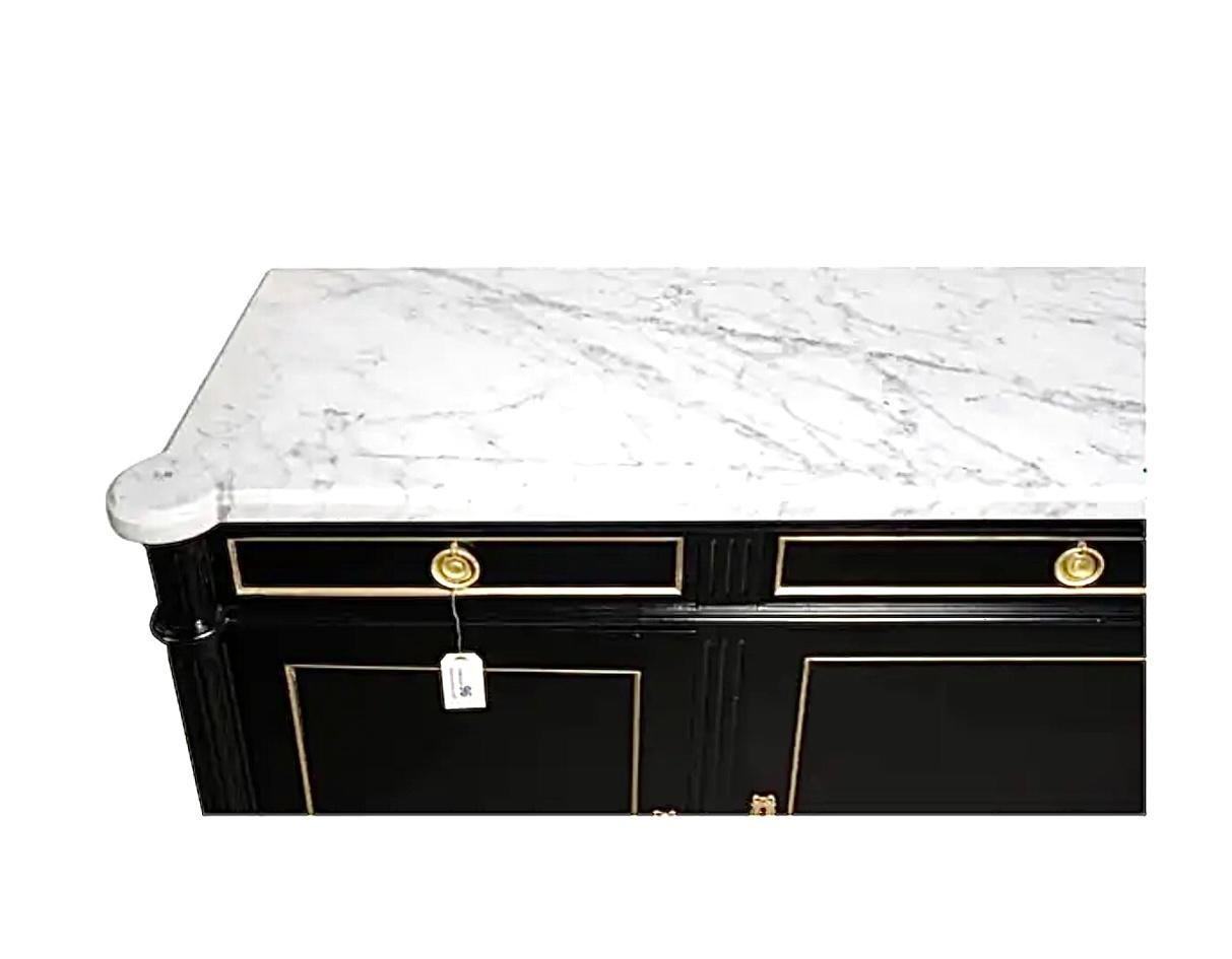 French Louis XVI Hollywood Regency Black Lacquer Marble Top Enfilade Sideboard