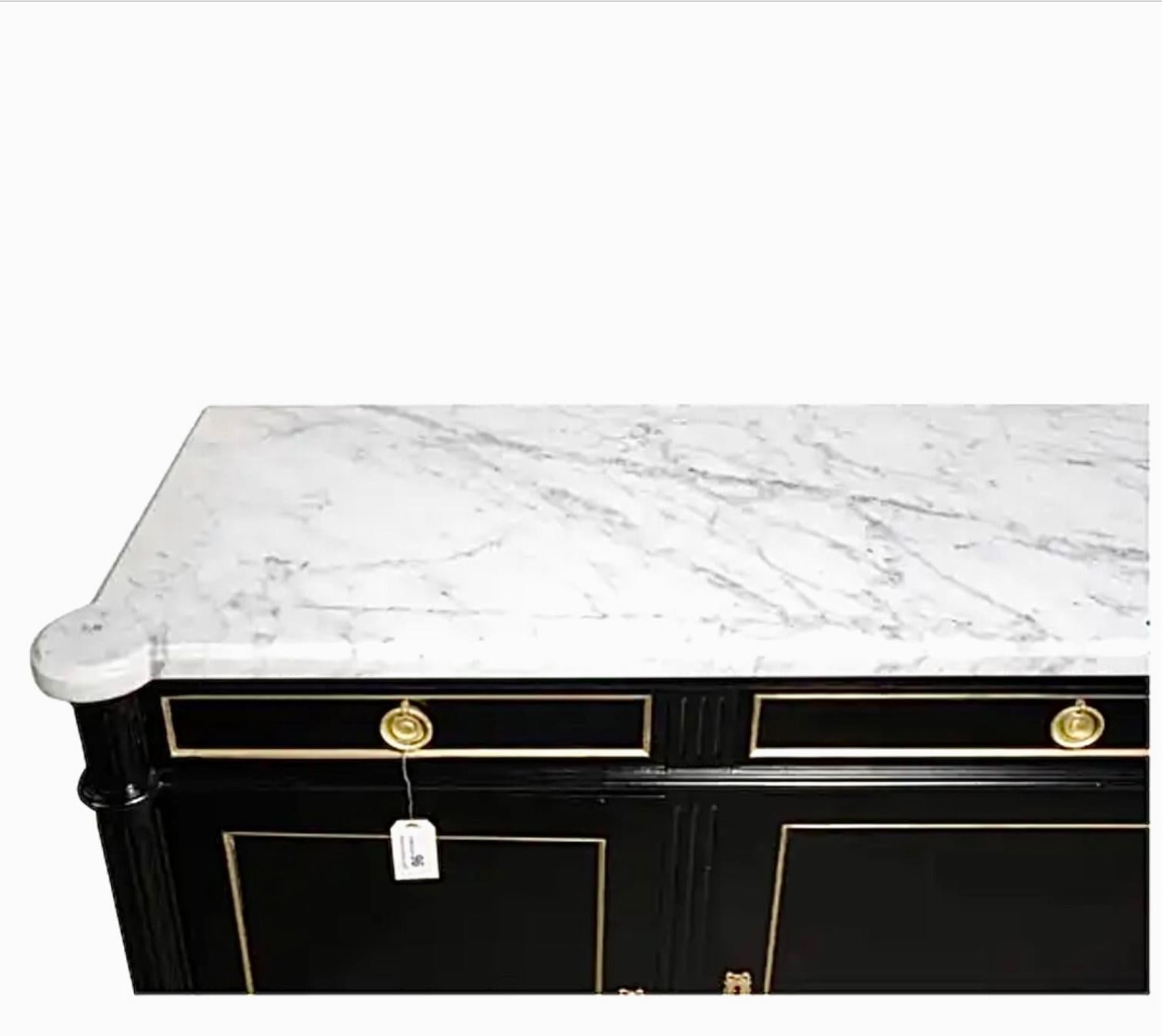 Louis XVI Hollywood Regency Black Lacquer Marble Top Enfilade Sideboard In Good Condition In Bradenton, FL