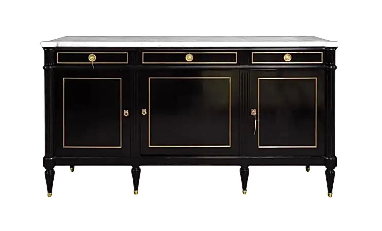Louis XVI Hollywood Regency Black Lacquer Marble Top Enfilade Sideboard 3