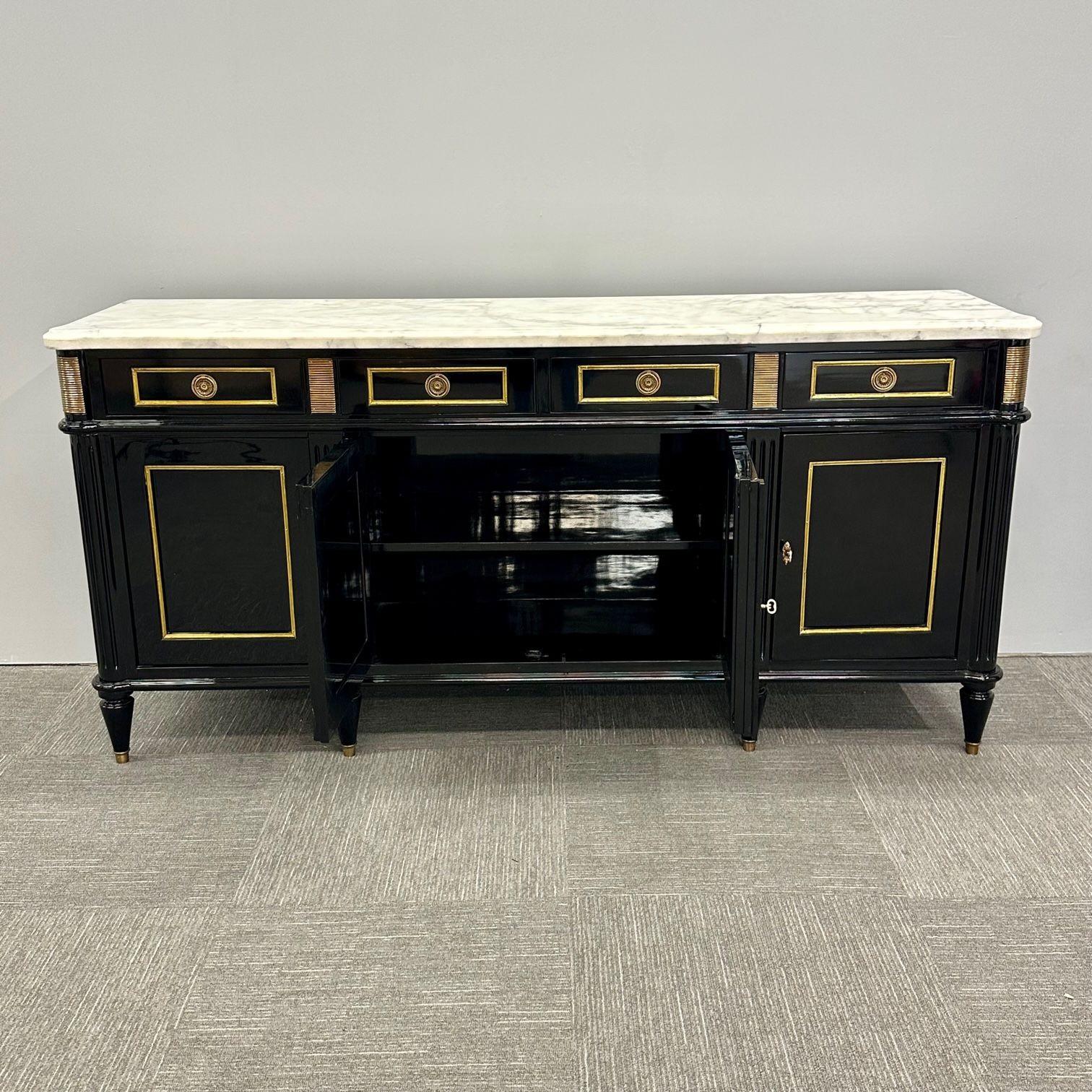 Louis XVI Hollywood Regency Black Lacquer Sideboard / Credenza, Bronze Mounted 1