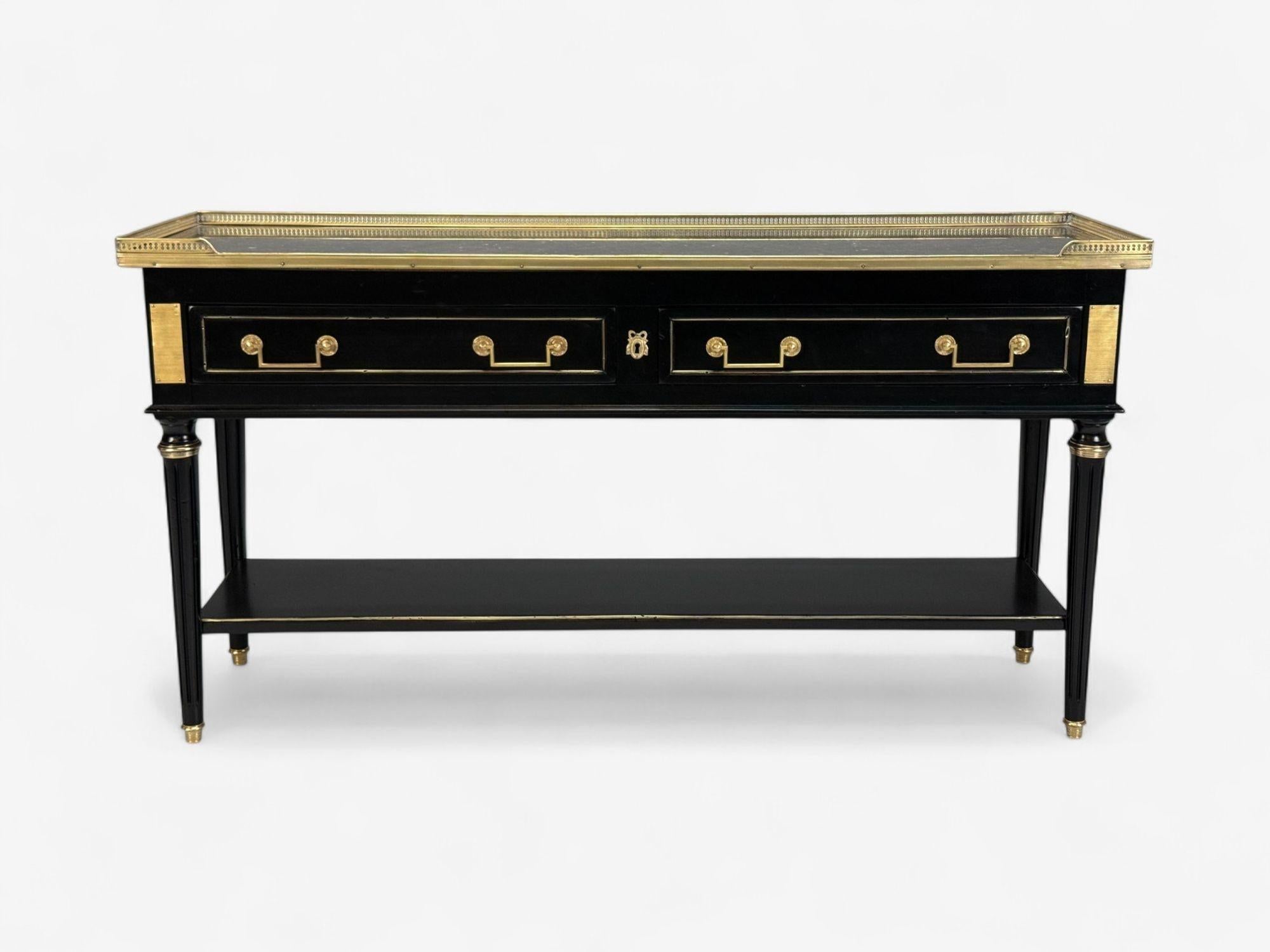 French Louis XVI, Hollywood Regency, Bronze, Marble, Ebonized Console, France, 1930s For Sale