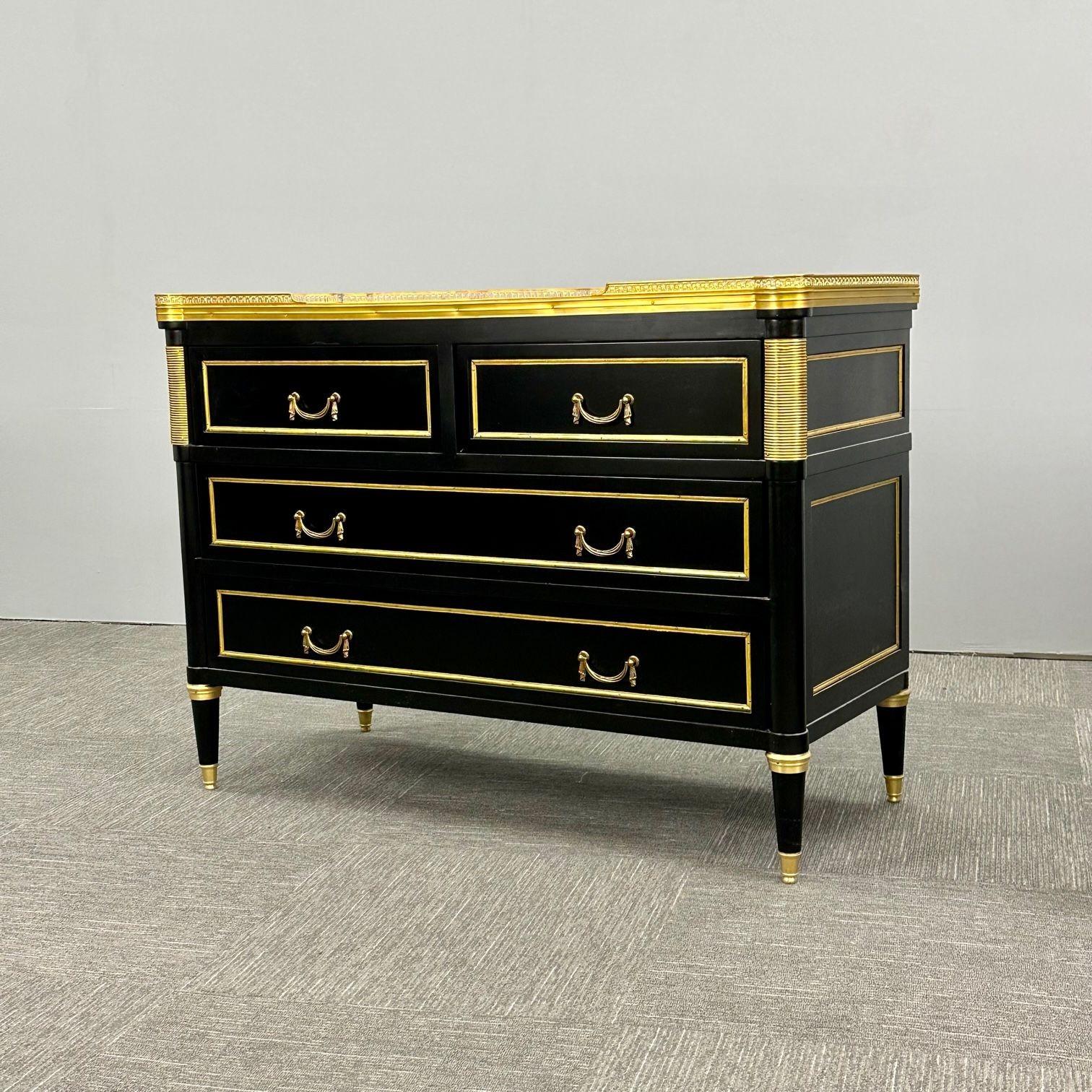 Louis XVI Hollywood Regency Commodes / Nightstands, Maison Jansen Style Black For Sale 5