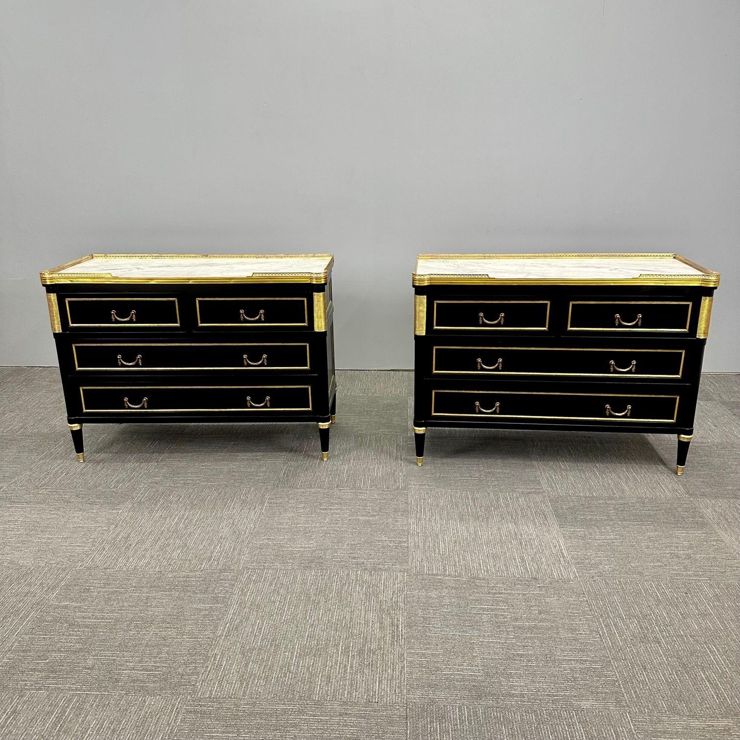 Louis XVI Hollywood Regency Commodes / Nightstands, Maison Jansen Style Black 
 
Pair of Maison Jansen style Hollywood Regency marble top mounted Ebony Commodes or Nightstands. This is a stunning pair of large and impressive paint decorated bronze